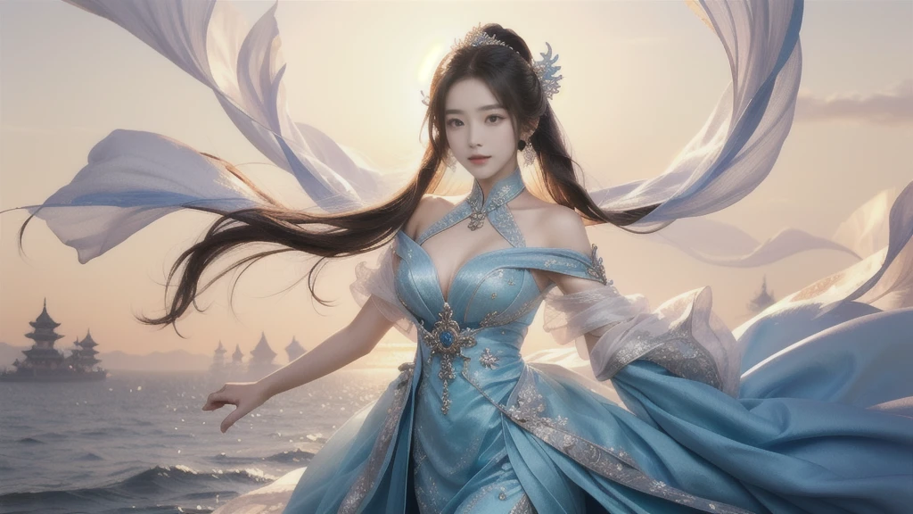 Chinese girl with coins gold , thick body, curvy body, curvy waist, big breast, white skin, gorgeous costumes embroidered with intricate embroidery, exposed breasts, flowing tulle, transparent long colorful ribbons tied on the arms, inspired by cinderella, showing navel, bare shoulders, bare neck, hair in a high bun with flower hairpins, ribbons on arm rings, wreaths, bracelets, anklets, high heels, metal chain tassels on the waist, Mogao Grottoes art, ink painting, cgstation pop, in the night beach, ((fullbody)), ((super realistic))