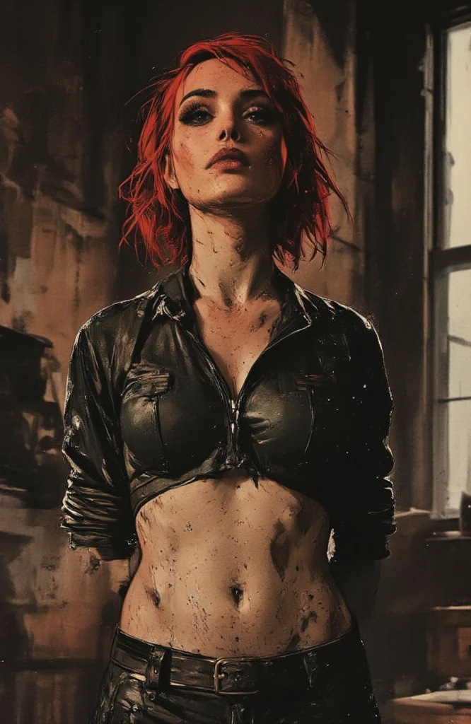 Very sexy girl, red hair, very tight explorer clothes, marked nipples, posing sexy in a room of an abandoned house, great detail of an abandoned house from the 80s, abandoned room with details from the 80s, rot, cobwebs, dust, abandoned,, eroticism, sexy, black and white image, between shadows, oil painting, chiaroscuro, sensual, dramatic lighting, moody atmosphere, photorealistic, intricate details, masterpiece, ultra-detailed, high quality, 8k, best quality, realistic, cinematic, dark and brooding, expressionistic, powerful composition, emotional impact, Bill Sienkiewicz inspired art