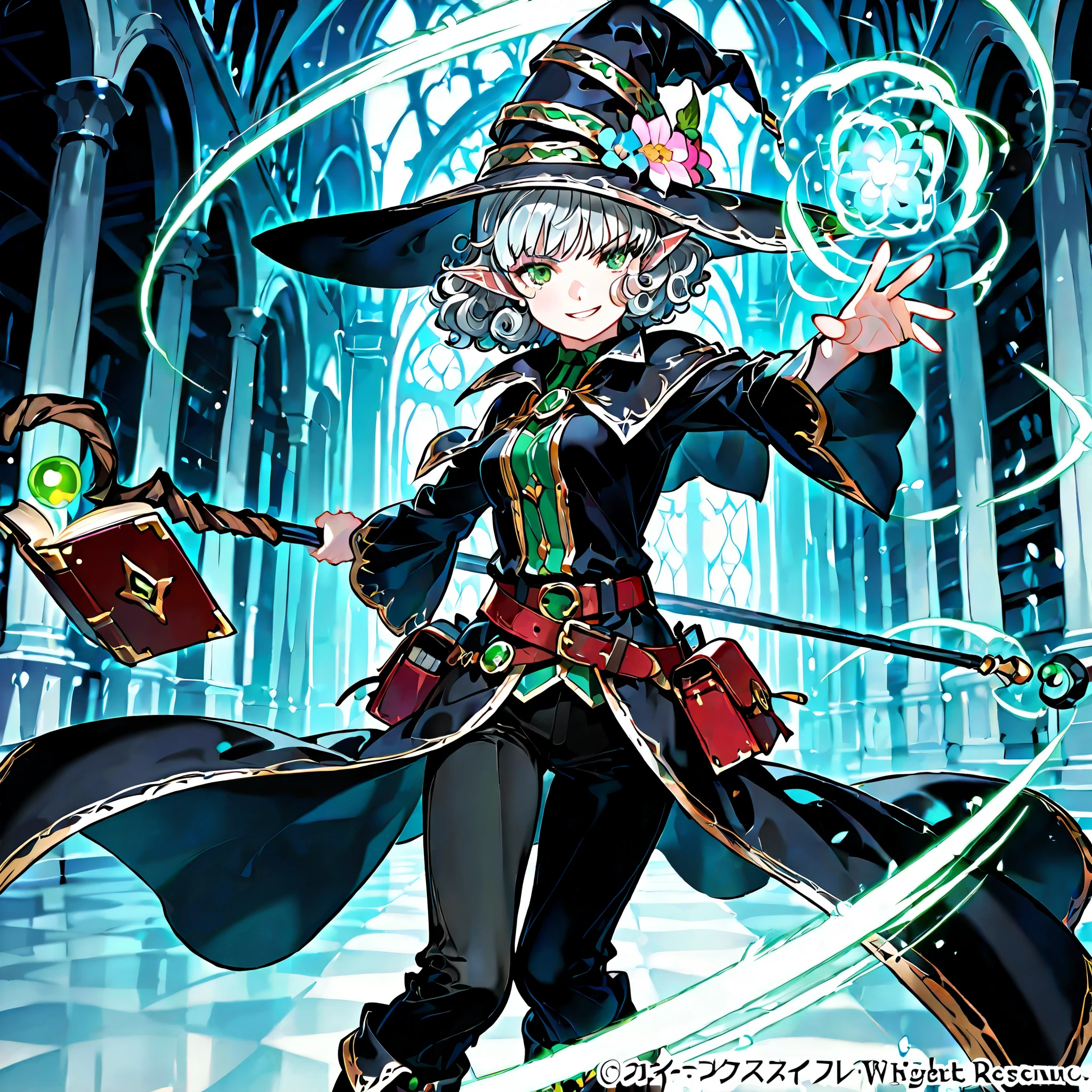Solo elf, female, silver hair, short hair, medium cut, curly hair, green eyes,slender, flower shop penta witch's pointed hat, flower penta wizard costume, pants, fair skin, annoyance, raise right hand, belt, waste set red book, cool emotion, cool mild smiling, action pose, chanting magic, action pose, one hand magical long metallic staff, icy breath, frosty illusions, dark fantasy, inside, in the museum