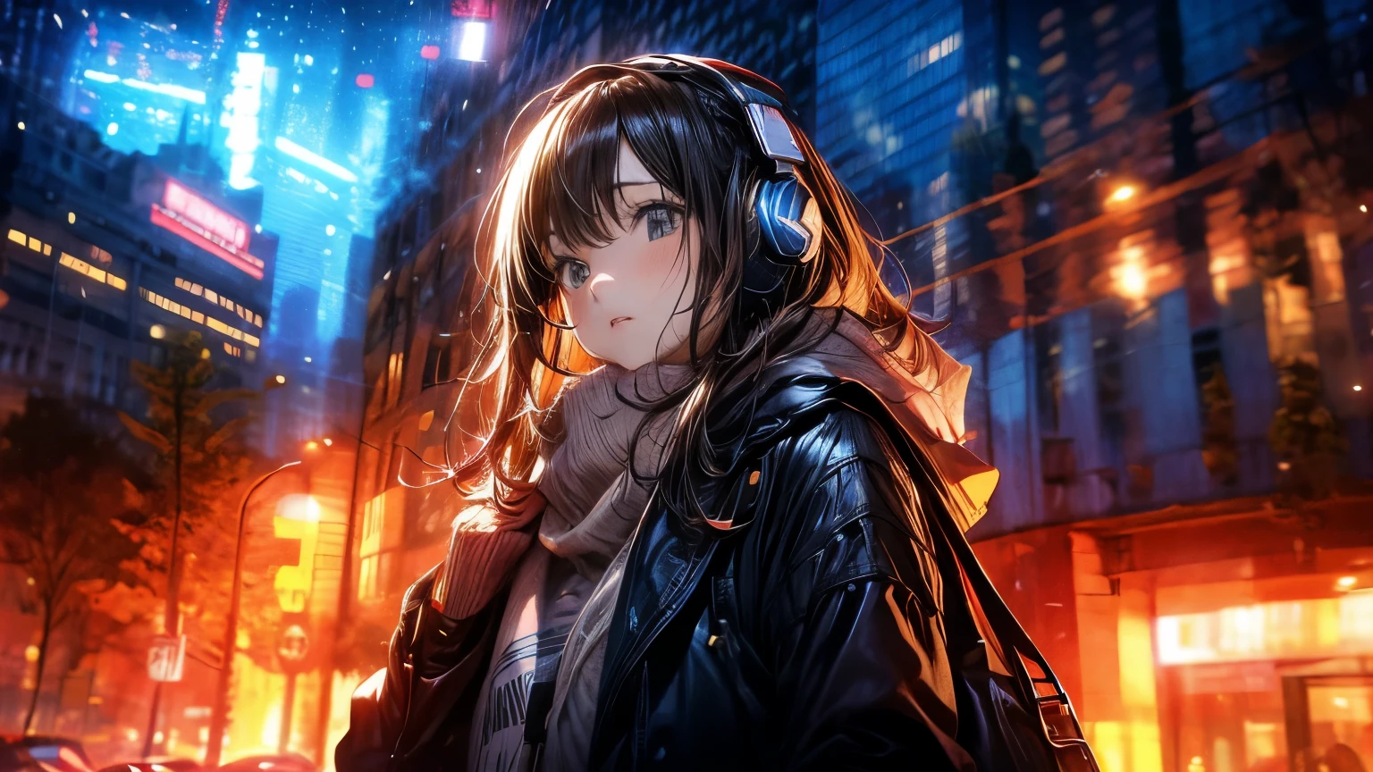 Octane Number: 95,
( from below: 1.2), (Ultra HDTV: 1.2), Cinematography Light , 8k resolution, exquisite face , uneasy expression,
赤い夕焼けが琥珀色of光を投げかけている, The stars are shining in a clear night sky , オレンジとブルーof色合いで描かれた景色,
シルエットof少女, is wearing headphones, 木製of玄関先に一人座っている, Thoughtful,
長い髪がそよ風of中で背中に流れ落ちる, 街ofシルエットが遠くに見える,
彼女は天of川を見上げている, ofそばで眠っていて、宇宙of広大さについて考えています,
of