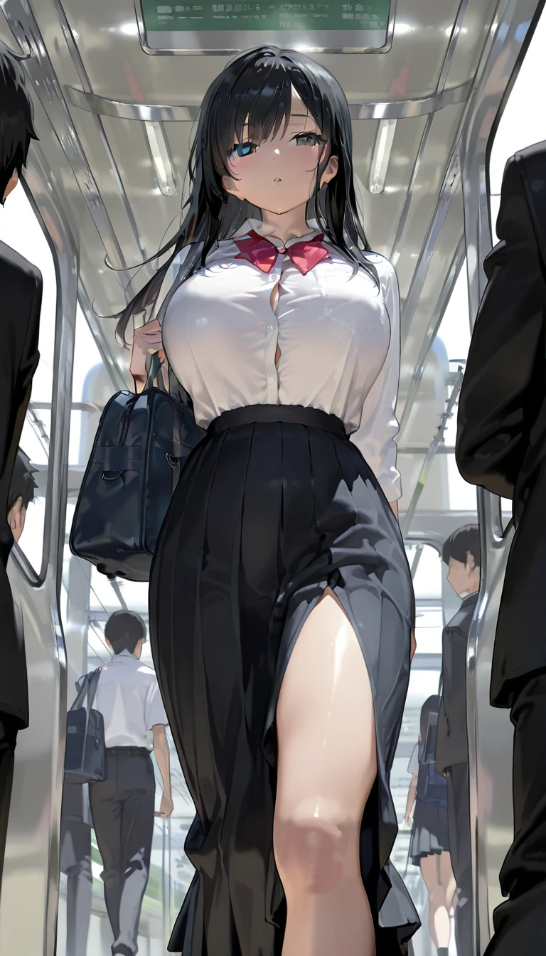 anime character、Long black hair、high school student、skirt、front、Leg spread、Molester、Genitals exposed、The genitals are wet、sexual behavior、A pure and beautiful girl、Large Breasts、A girl is stripped by multiple men、crowded train、A man is rubbing her nipples、The girl's face is flushed with sexual excitement、I'm excited and my nipples are erect、The girl has her legs spread wide、A man is kneading her clitoris、Underwear is taken off、Love juices flowing down her thighs、skirtは腹部まで捲られている、A man inserts his finger into a vagina、Highest quality、masterpiece、Become familiar with、Perfect Face