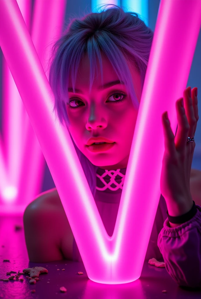 naked woman, long light blonde hair, A woman stands out in the dim light of a room lit by neon lights. Your gaze is intense and seductive, eyes shining with a deep mystery. She is standing in front of a large window, through which the cloudy night is visible, with the heavy, dark clouds obscuring the sky. Neon lights cast a colorful glow around you, creating soft shadows and enhancing your facial features. The environment around you is immersive and enigmatic, with an atmosphere that mixes modern and dark. She exudes confidence and mystery, every detail of the scene accentuating its magnetic presence.