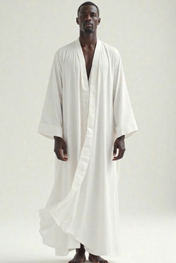 A 25-year-old pervert priest, tall, 195 cm, black-skinned, wearing an open white robe, has a long, hard, wide, swollen black penis with bulging veins.