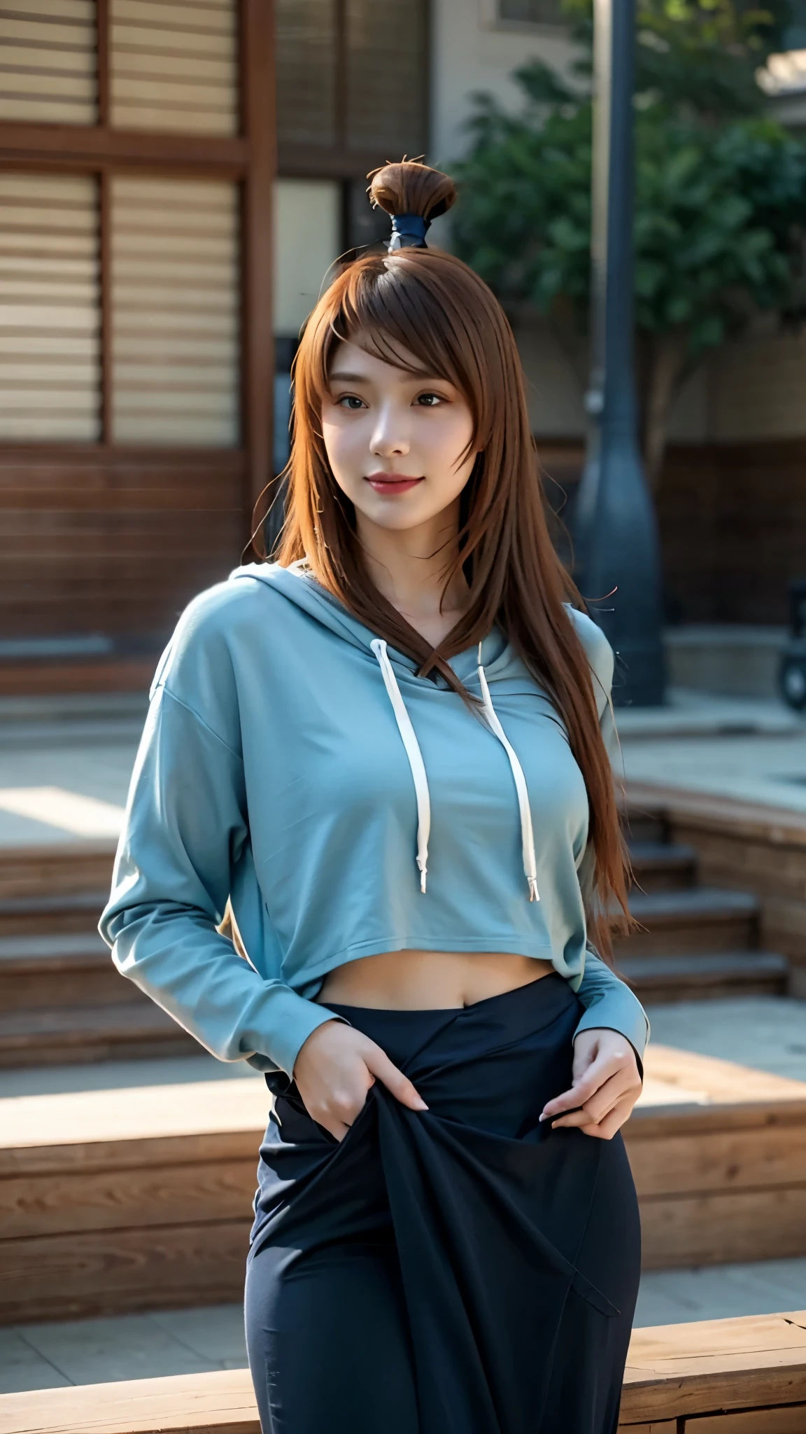 "A highly realistic depiction of a beautiful woman resembling Terumi Mei from Naruto Shippuden in real life. She has long, flowing auburn hair, bright green eyes, and a warm, confident smile. She is wearing a stylish hoodie, blending modern fashion with a touch of elegance. The hoodie is slightly oversized, giving her a casual yet attractive look. Her makeup is subtle, emphasizing her natural beauty. The background is softly blurred, suggesting an outdoor urban setting or a cozy indoor environment. The lighting is natural and flattering, enhancing her radiant complexion and expressive eyes."