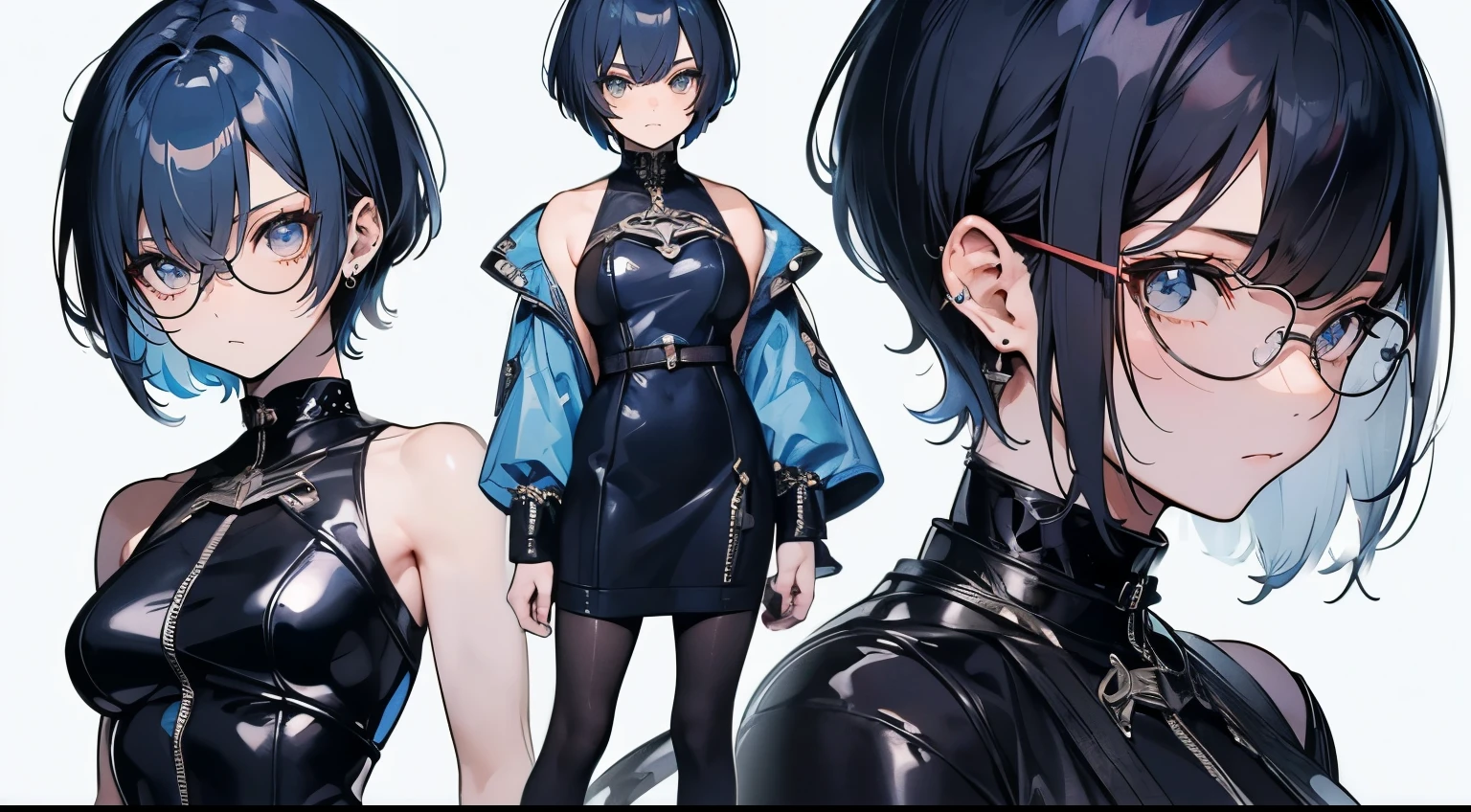 beauty , masterpiece,Glasses ,blue hair、Curly hair、 (( give bangs)),,(( Fusion of leather and dress))、( Battle Costume), (( short hair:1.2)), muscular, (( slender body:1.3)),( perfect body) (( viewer)), ( details),( big eyes), ( sharp),( beautiful skin with glasses), ((視覚的なbeauty)) shortcuts、 white background