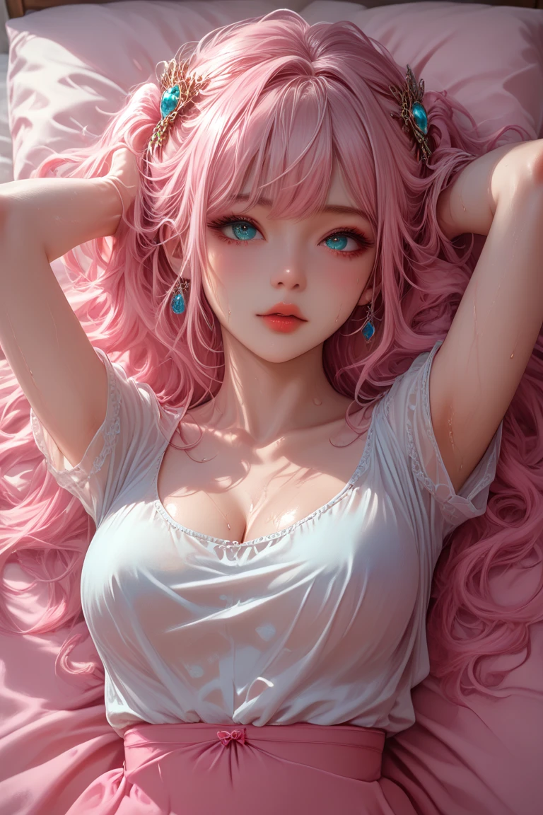 ((masterpiece, best quality, cinematic, photorealistic, ultra-detailed)), ((medium shot, from above)), ((alluring girl)), ((voluptuous body, perfect anatomy, sexy body)), ((glossy red skin, hot and sexy)), ((perfect hands)), ((large breasts)), ((long round legs)), ((detailed and shiny hair, platinum blonde hair, beach waves hairstyle)), ((light blue eyes, detailed pupils, detailed eyes, blushing, peach lips, slightly parted lips)), ((wearing light coral pink fur bathrobe with a floral print)), ((sensual pose, lying face down))