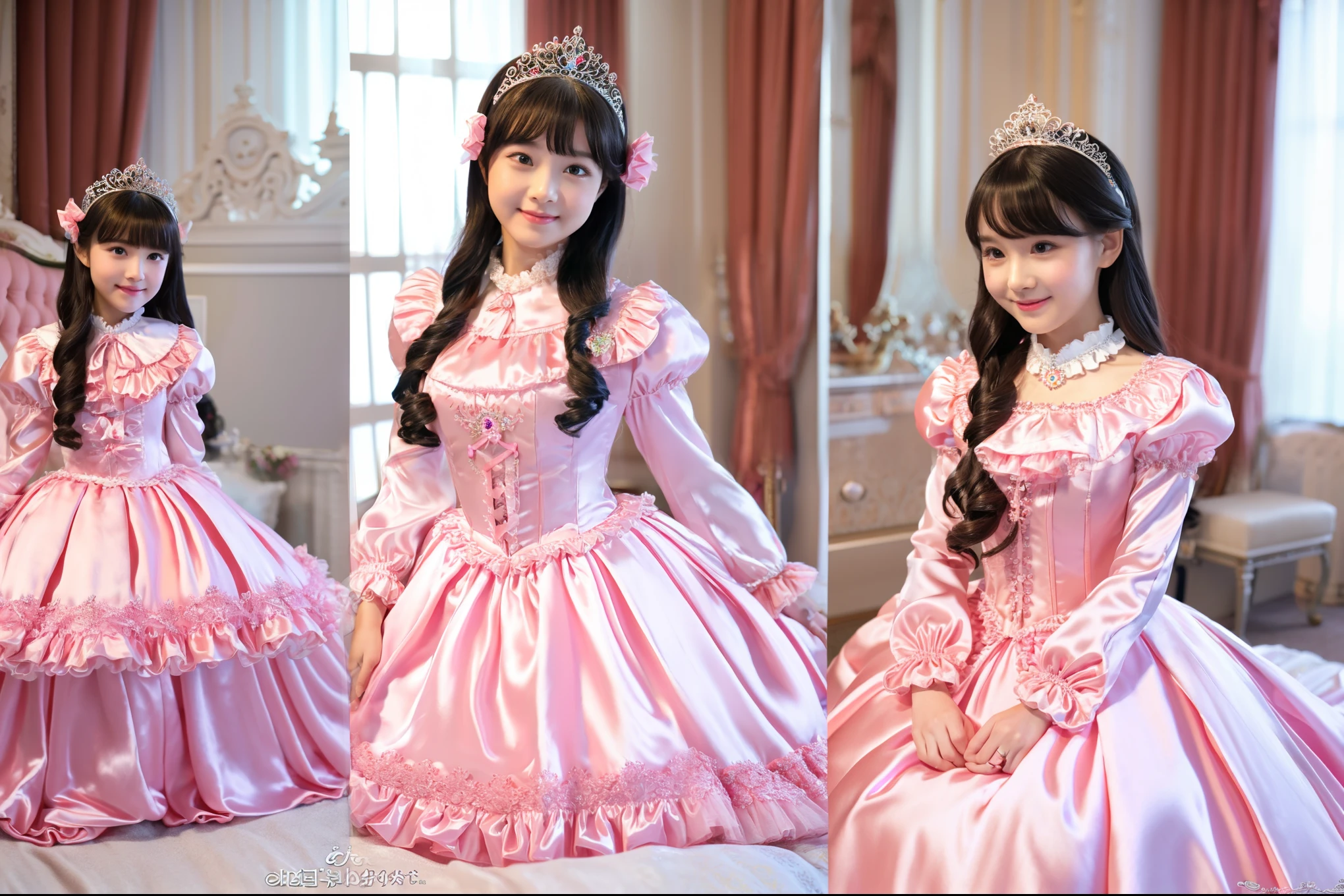 highest quality, masterpiece, highest resolution, artwork, super become familiar with, many be familiar with, be familiar with, become familiar with, woman, 10 years old,the girl is a princess,pink victorian nightgown,pajamas,long sleeve,long dress,Nightgown with lots of frills and ribbons,luxury,