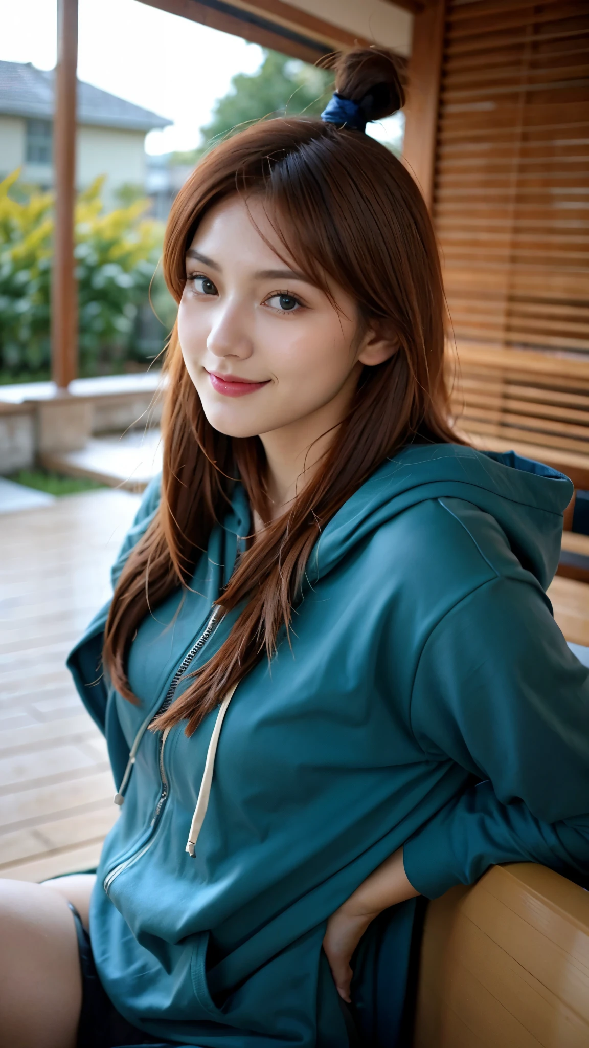 "A highly realistic depiction of a beautiful woman resembling Terumi Mei from Naruto Shippuden in real life. She has long, flowing auburn hair, bright green eyes, and a warm, confident smile. She is wearing a stylish hoodie, blending modern fashion with a touch of elegance. The hoodie is slightly oversized, giving her a casual yet attractive look. Her makeup is subtle, emphasizing her natural beauty. The background is softly blurred, suggesting an outdoor urban setting or a cozy indoor environment. The lighting is natural and flattering, enhancing her radiant complexion and expressive eyes."