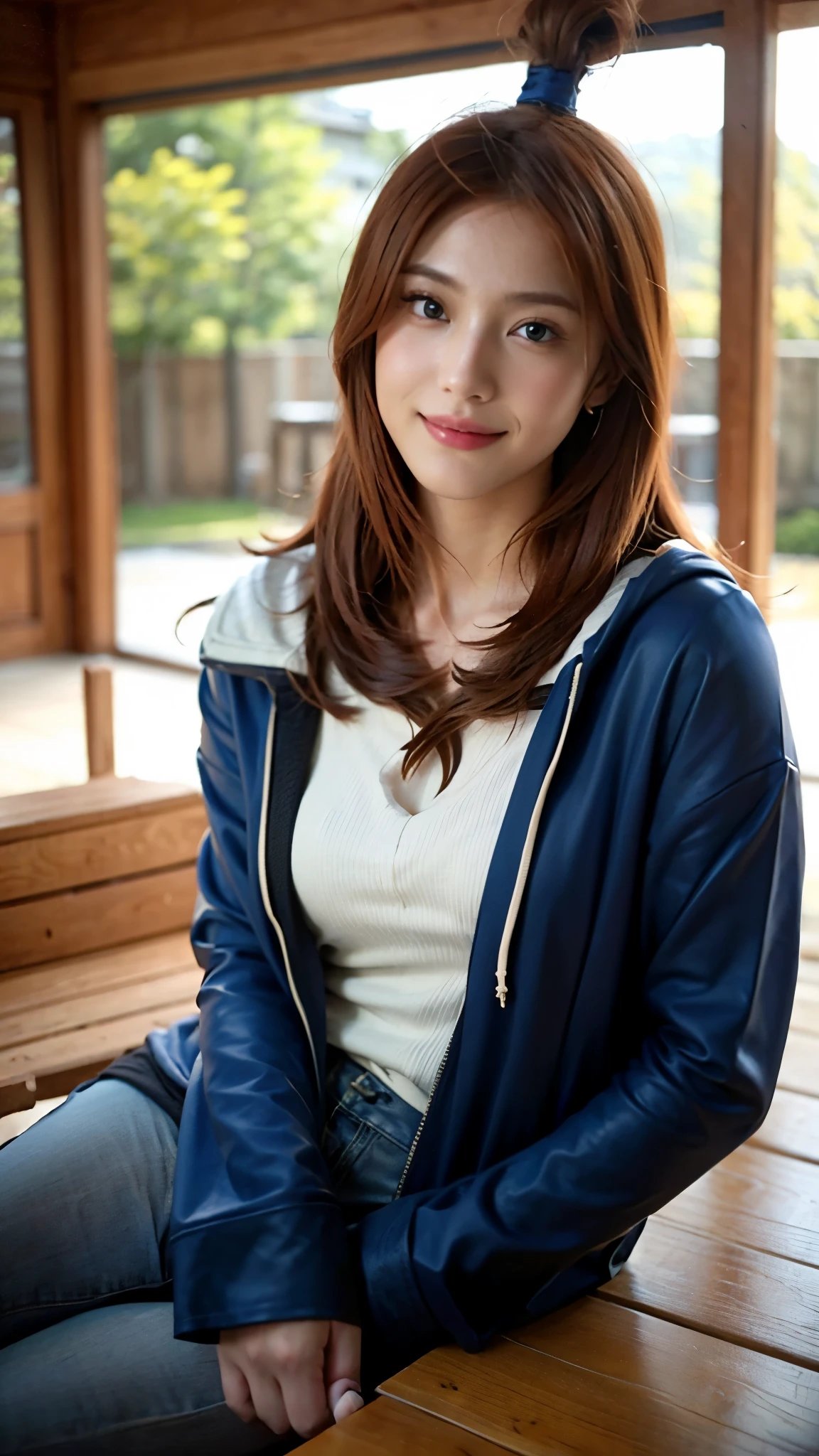"A highly realistic depiction of a beautiful woman resembling Terumi Mei from Naruto Shippuden in real life. She has long, flowing auburn hair, bright green eyes, and a warm, confident smile. She is wearing a stylish hoodie, blending modern fashion with a touch of elegance. The hoodie is slightly oversized, giving her a casual yet attractive look. Her makeup is subtle, emphasizing her natural beauty. The background is softly blurred, suggesting an outdoor urban setting or a cozy indoor environment. The lighting is natural and flattering, enhancing her radiant complexion and expressive eyes."