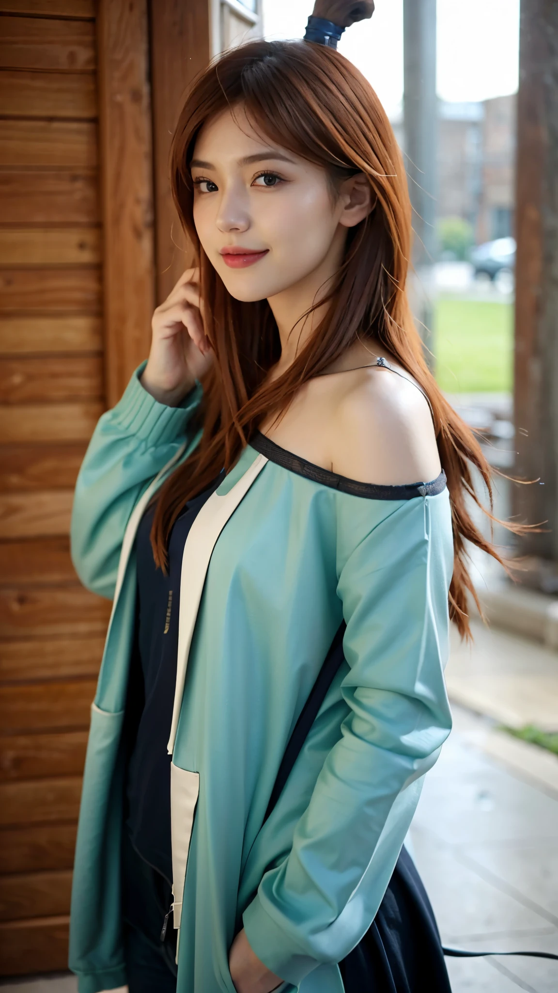 "A highly realistic depiction of a beautiful woman resembling Terumi Mei from Naruto Shippuden in real life. She has long, flowing auburn hair, bright green eyes, and a warm, confident smile. She is wearing a stylish hoodie, blending modern fashion with a touch of elegance. The hoodie is slightly oversized, giving her a casual yet attractive look. Her makeup is subtle, emphasizing her natural beauty. The background is softly blurred, suggesting an outdoor urban setting or a cozy indoor environment. The lighting is natural and flattering, enhancing her radiant complexion and expressive eyes."