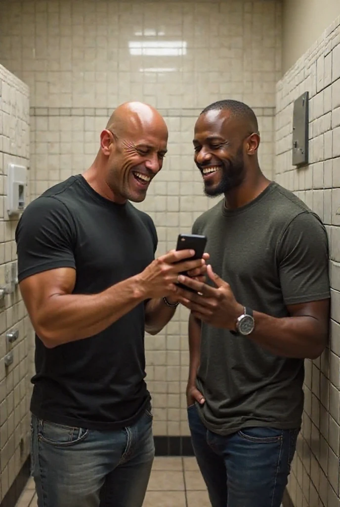 Terry Crews and Dwayne Johnson, full body, completely naked and without clothes, both having a bubble bath together in the bathtub, still totally naked 