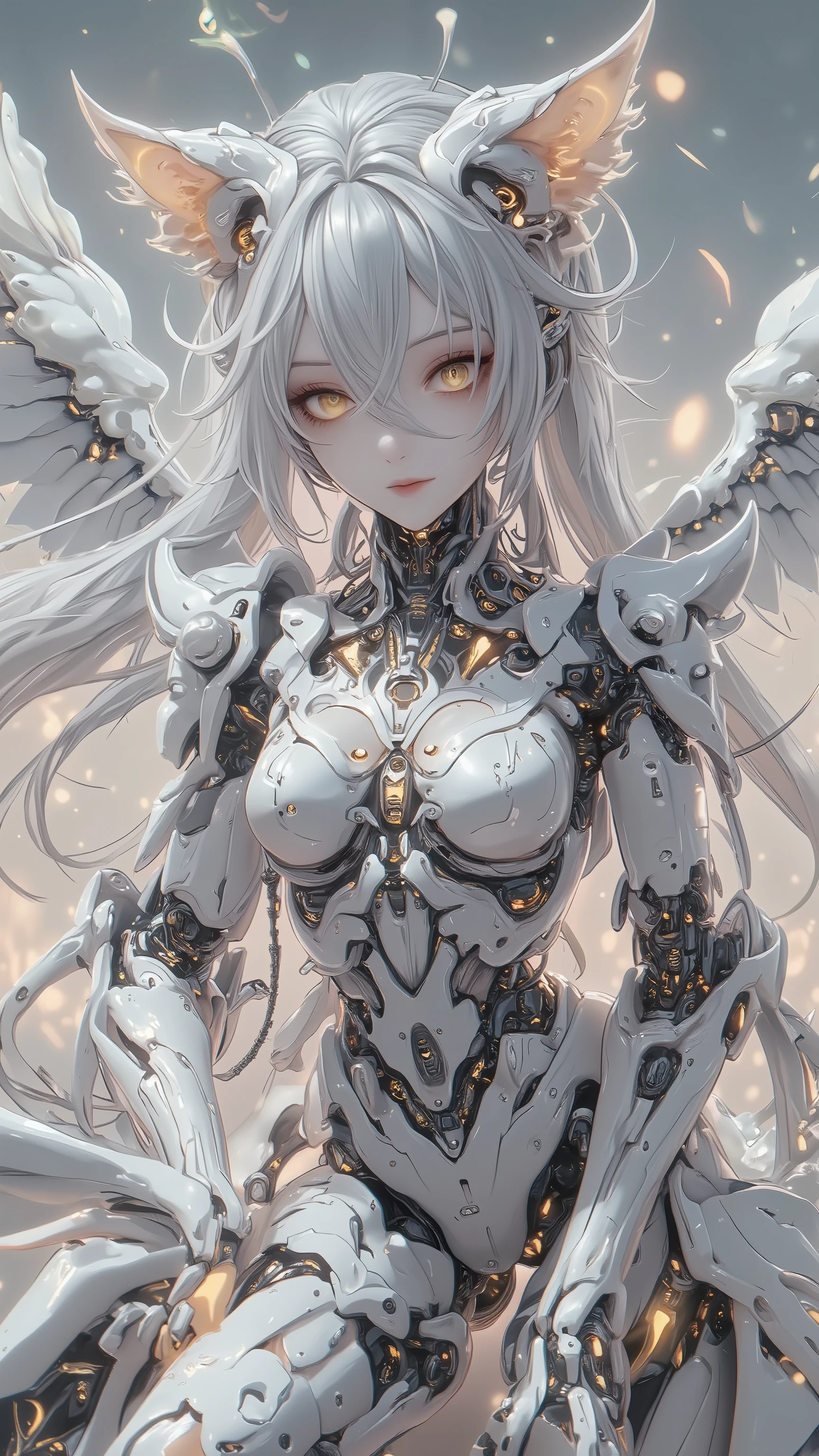((top quality)),( Ultra High Resolution ),(very well detailed),( detailed description),(( best CG )),(masterpiece), Ultra Detailed Art ,Amazing Painted Art,(Art with Delicate Details:1.5), Female Robot, White and elegant mechanical mask, Precise and elaborate mechanical body, Cat Ears Income, A mechanical eye that emits yellow-green light, Sharp Eyes, large cat claw, Jumping Posture,