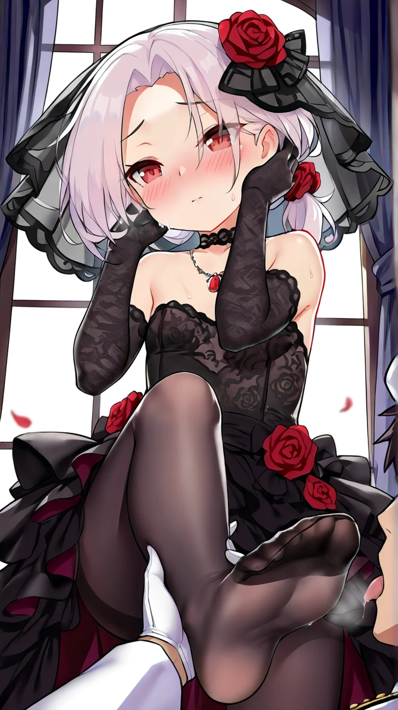 NSFW, cute girl, short silver hair, , black knee-high socks, ,High heel pumps,Gothic Lolita(:1.3)