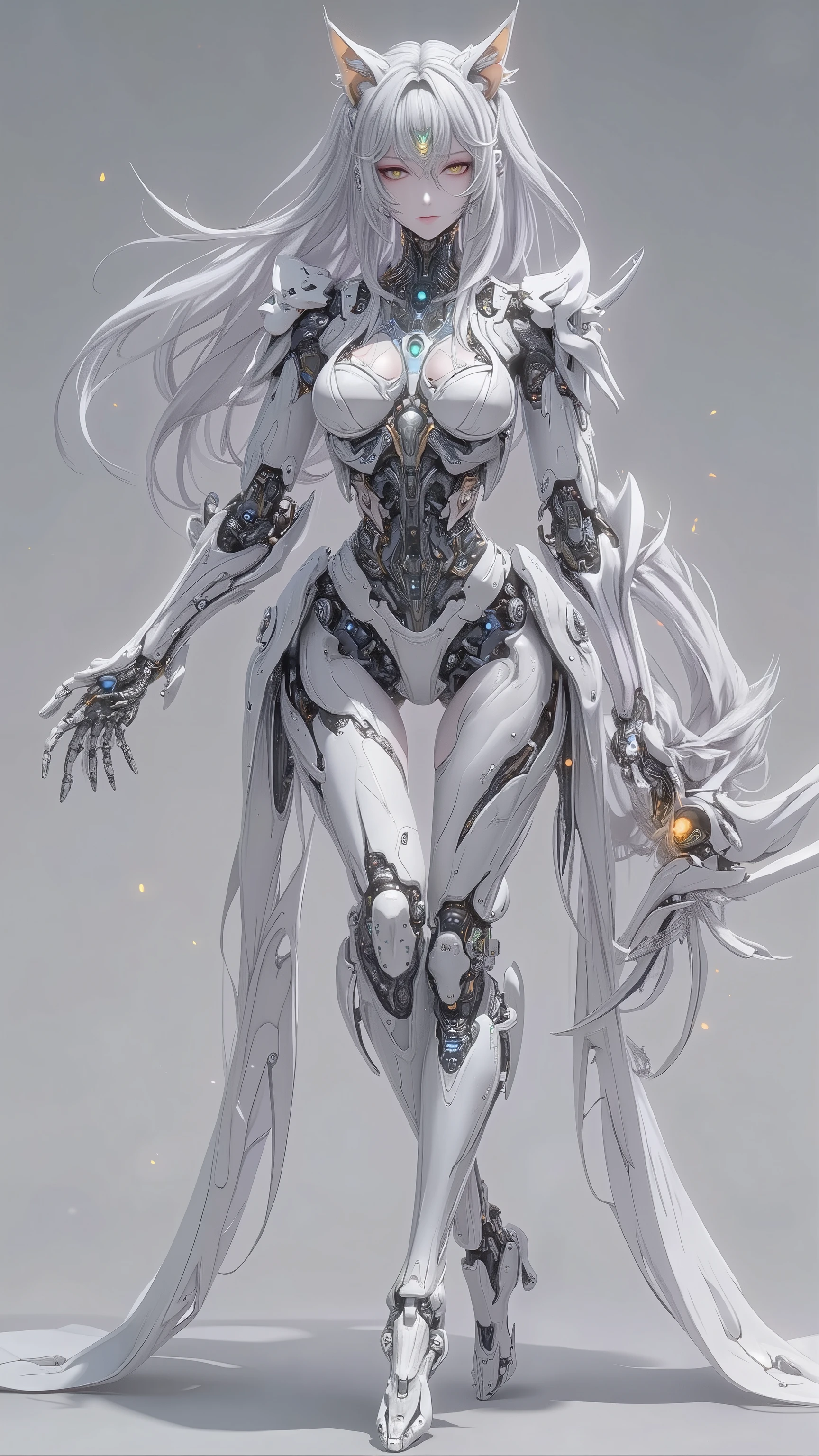 ((girl, Mecha)), Glowing eyes, Delicate face, Damaged Armor, Mechanical aura, Mechanical arm, White hair, Long hair, Ceramic body, Thigh clearance, Small breasts, Network Background, Very nice city, (translucent, Reflective Skin), 8k, best quality, Super detailed, (Surrealism: 1.4),