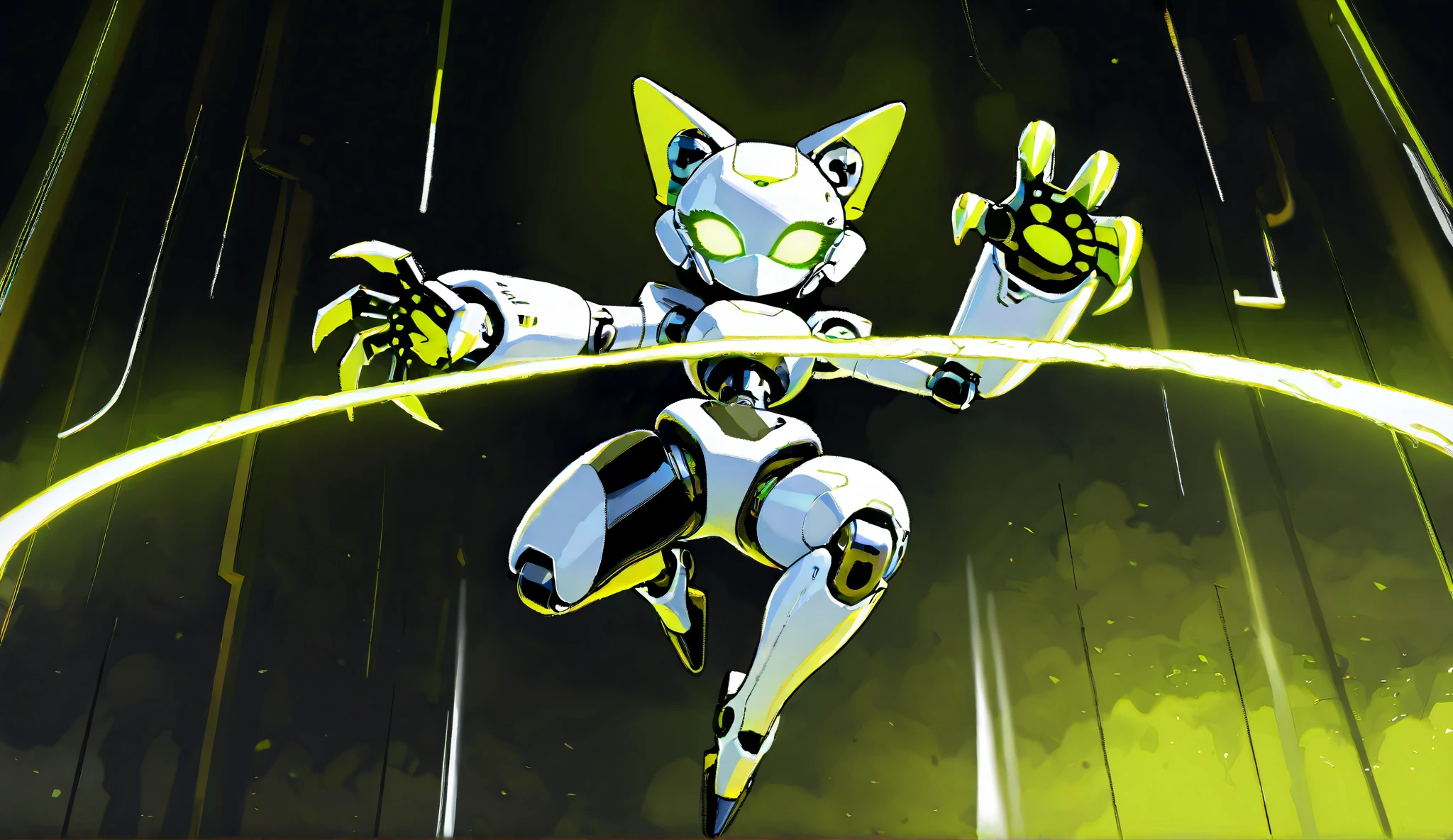 ((top quality)),( Ultra High Resolution ),(very well detailed),( detailed description),(( best CG )),(masterpiece), Ultra Detailed Art ,Amazing Painted Art,(Art with Delicate Details:1.5), Female Robot, white and elegant mechanical mask, Precise and elaborate mechanical body, Cat Ears Income, A mechanical eye that emits yellow-green light, Sharp Eyes, large cat claw, Jumping Posture,