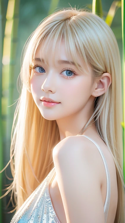 Portrait、、Bright expression、ponytail、Young shiny glossy white glossy skin、Great looks、Blonde reflection、Bangs between the eyes、bangs on the face、Platinum blonde hair with dazzling highlights、Shiny bright hair,、Smooth, super long, straight hair、Shiny beautiful bangs、Sparkling, crystal clear, attractive big blue eyes、Very beautiful, lovely and cute 16 year old girl、Ample Bust