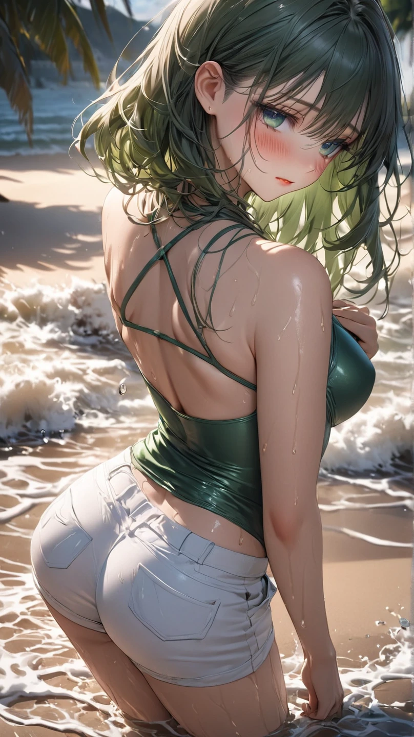 masterpiece, beach scene at sunset:1.3), (Tatsumaki from One Punch Man:1.2), (standing at her 150 centimeters height with a well-distributed 45 kg:1.2), (beautifully proportioned body with small breasts and a medium-sized, firm, and round buttocks:1.2), (slender physique:1.1), (strolling along the beach at the moment of capture:1.2), (facing away from the camera, but turning around with a brief laughter at the corner of her mouth:1.2), (photograph taken from her back:1.5), (wearing an extremely small bikini both on top and bottom:1.5), (capturing the enchanting lighting of the sunset:1.1), (enhancing the beauty of her green-colored hair:1.3) Hyper-detailed, insane details, Beautifully color graded, Unreal Engine, DOF, Super-Resolution,Megapixel, Cinematic Lightning, Anti-Aliasing, FKAA, TXAA, RTX,SSAO,Post Processing, Post Production, Tone Mapping, CGI, VFX, SFX, Insanely detailed and intricate , Hyper maximalist, Hyper realistic, Volumetric, Photorealistic, ultra photoreal, ultra- detailed, intricate details,8K, Super detailed , Full color, Volumetric lightning, HDR, Realistic, Unreal Engine, 16K, Sharp focus. Octane render