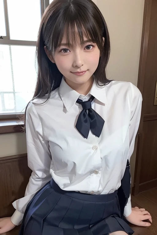 Enhanced dynamic perspective，Cute cute beautiful girl，JK school uniform，Look at me and smile，simple backgound，Works of masters，high quarity，4K resolution，super-fine，Detailed pubic hair，acurate，Cinematic lighting，huge tit