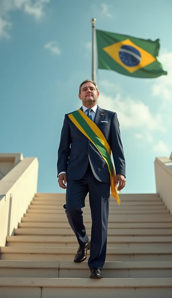 Jânio Quadros cleaning the Brazilian flag with a broom