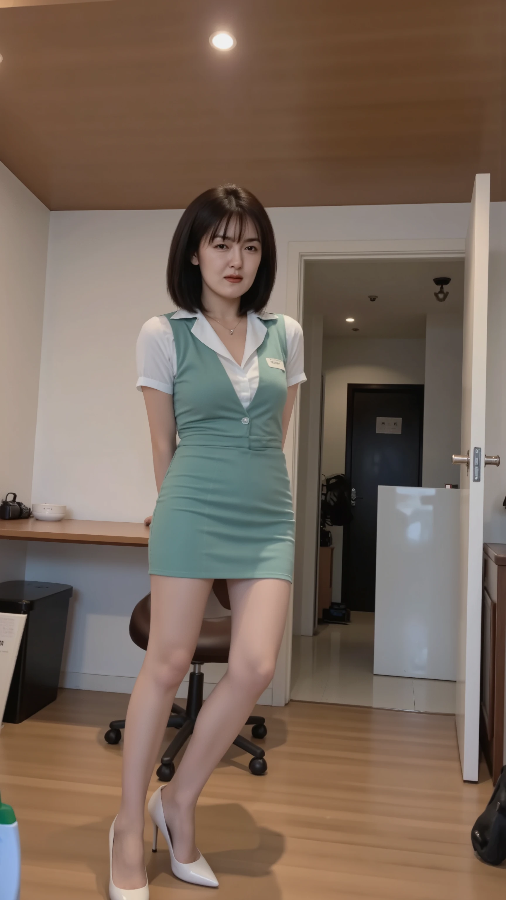 beautiful Japanese woman, 1 woman、Age 35, (blue-green office clothes on a chair with folded hands behind the back, and a blue-green mini length pencil skirt、I'm wearing a white short-sleeved collared blouse:1.5)、Standing on the side of a chair with your hands folded behind your back、shiny coffee colored pantyhose、(full body shot from top of head to toe:1.5)、perfect anatomy, healthy thighs, beautiful legs, beautiful skin, White Enamel Pointed Toe Heels、Name tag on left chest、 jewelry necklace 、anklet、black hair medium bob cut, (top quality, 4K, 8k, High Resolution, masterpiece:1.3), (in white for summer very detailed:1.2), NSFW