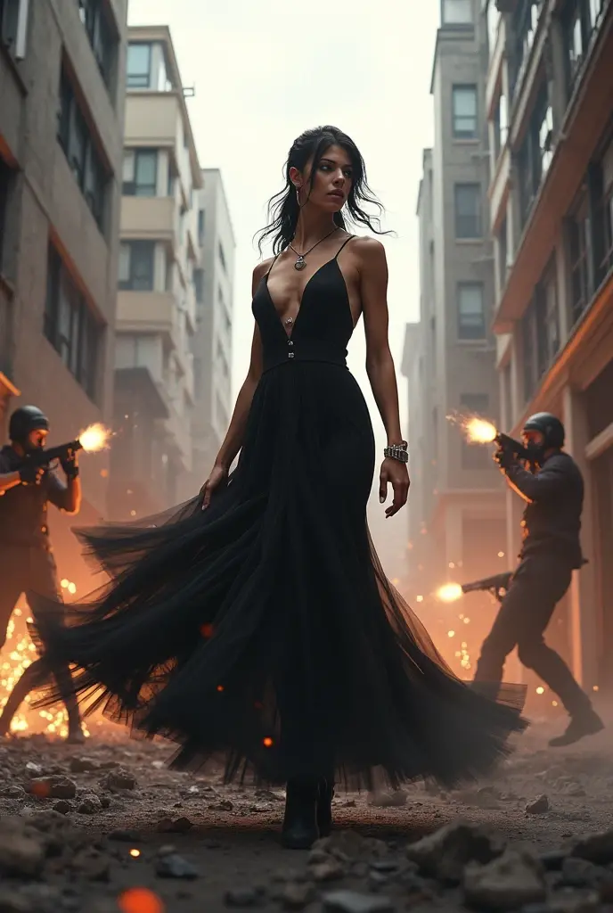 Chinese woman like ada wong from resident evil game short dark hair in red silk dress and high heels fighting zombies with her handgun