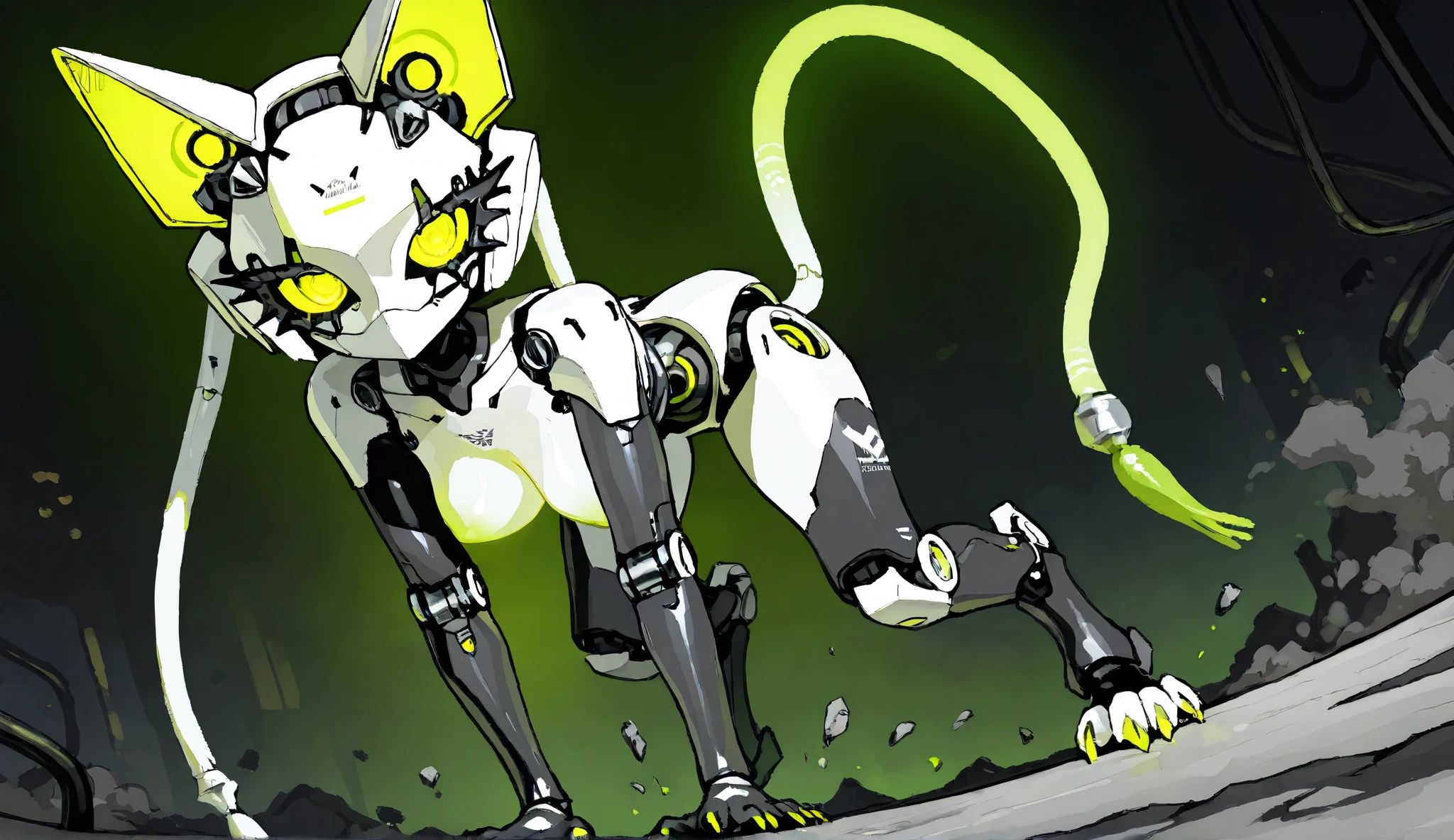 ((top quality)),( Ultra High Resolution ),(very well detailed),( detailed description),(( best CG )),(masterpiece), Ultra Detailed Art ,Amazing Painted Art,(Art with Delicate Details:1.5), Female Robot, White and elegant mechanical mask, Precise and elaborate mechanical body, Cat Ears Income, A mechanical eye that emits yellow-green light, Sharp Eyes, large cat claw, twin cattail, Jumping posture,