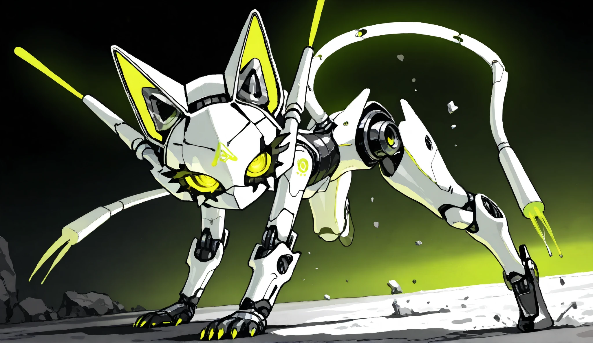 ((top quality)),( Ultra High Resolution ),(very well detailed),( detailed description),(( best CG )),(masterpiece), Ultra Detailed Art ,Amazing Painted Art,(Art with Delicate Details:1.5), Female Robot, White and elegant mechanical mask, Precise and elaborate mechanical body, Cat Ears Income, A mechanical eye that emits yellow-green light, Sharp Eyes, large cat claw, twin cattail, Jumping Posture,