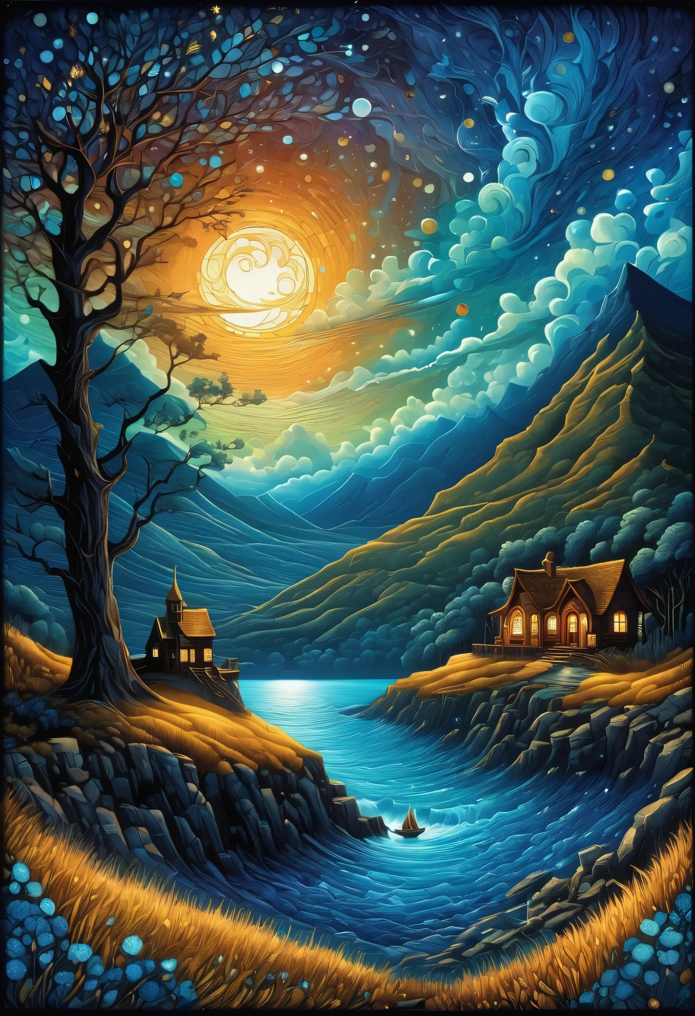 art, oil, best quality, A dark tale, Van Gogh Style Cape Town, starry sky, Dan Mumford , Andy Kehoe , 2D, flat at honny, cute, adorable by design, vintage, art on cracked paper, patchwork, stained glass, fairy tale, Detailed story-style illustrations, like the movie, ULTRA HIGHLY DETAILED, fine detail put in terms such as, beautiful details, mystical , Luminism, Brilliant Color, Complex Backgrounds