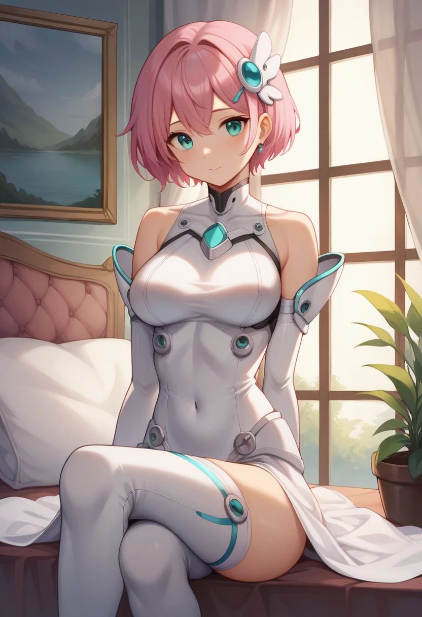 ((masterpiece)), ((best quality)), (ultra-detailed), ((kawaii)), cute, (lovely), ((sexy)), (ero), ((extremely detailed)), 4K, (8K), best quality, (beautiful), in the middle, bedroom, a pretty woman, robot suit, robot, beautiful silver hair, beautiful green eyes, ((beautiful eyes)), white-skinned, short hair, blunt bangs,gigantic breast, orgasm,smile,parted lips,saliva,sweat,topless,show off nipple,breast milk,bottomless,touch pussy,pussy juice,masturbation,lying on back,m legs,nsfw
