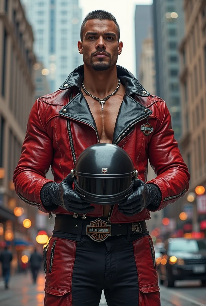 Frontal view of a muscular, bearded leather man like Tom of Finland, very hairy, wearing a rocker leather jacket with the collar turned up very high, leather pants, a harness in the chest and tight leather gloves.