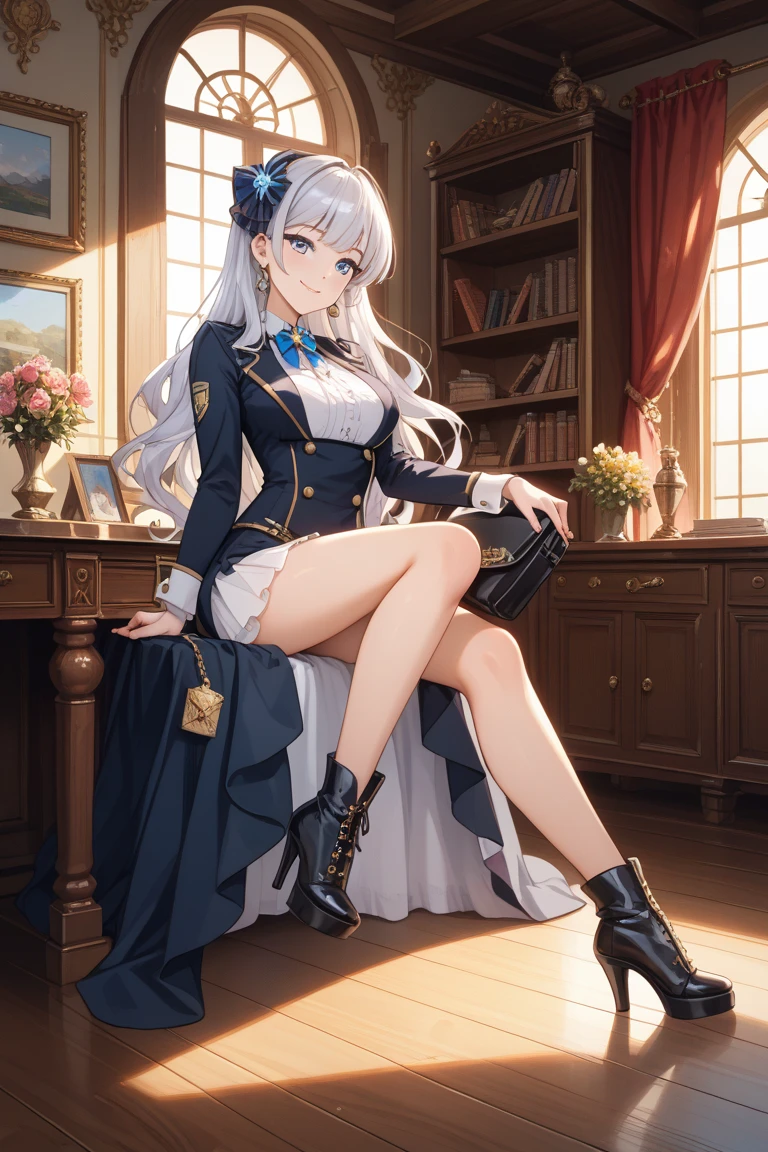 masterpiece, best quality, {best quality}, {{masterpiece}}, {high resolution}, girl,uniform,white hair,cute,1girl,beauty,big blue eyes,boots