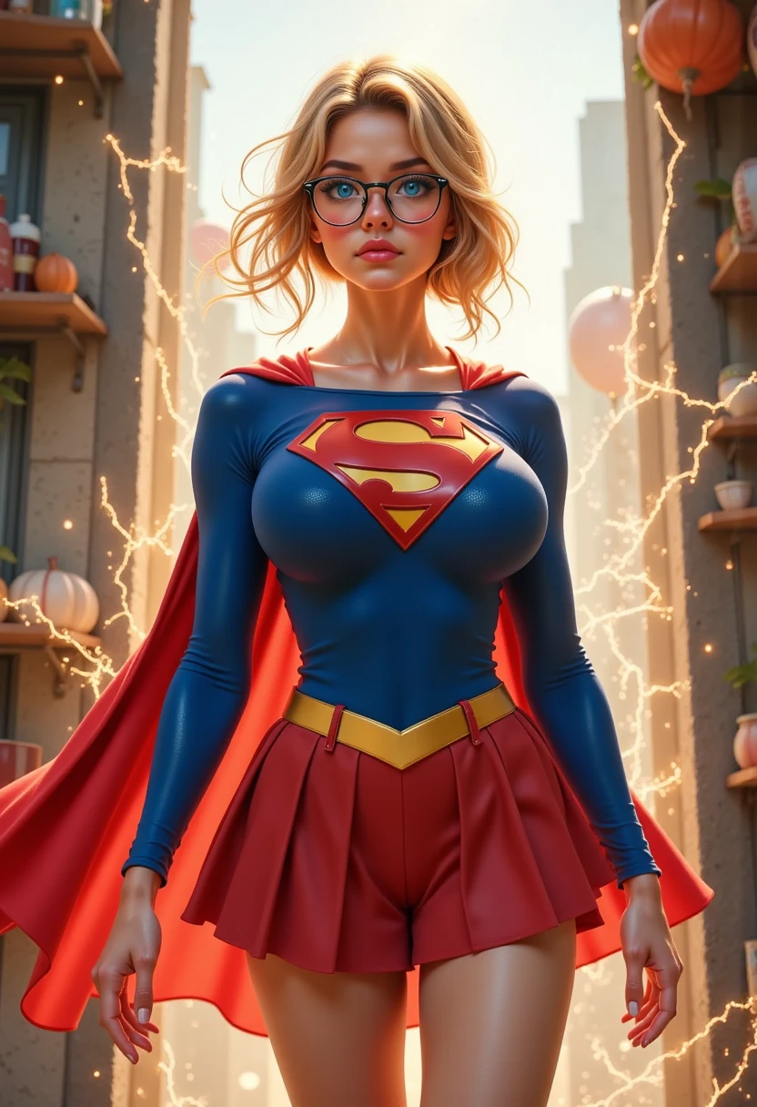 The character Supergirl, perfect and blue costume, blond hair, perfect curves, beautiful face, seductive girl...