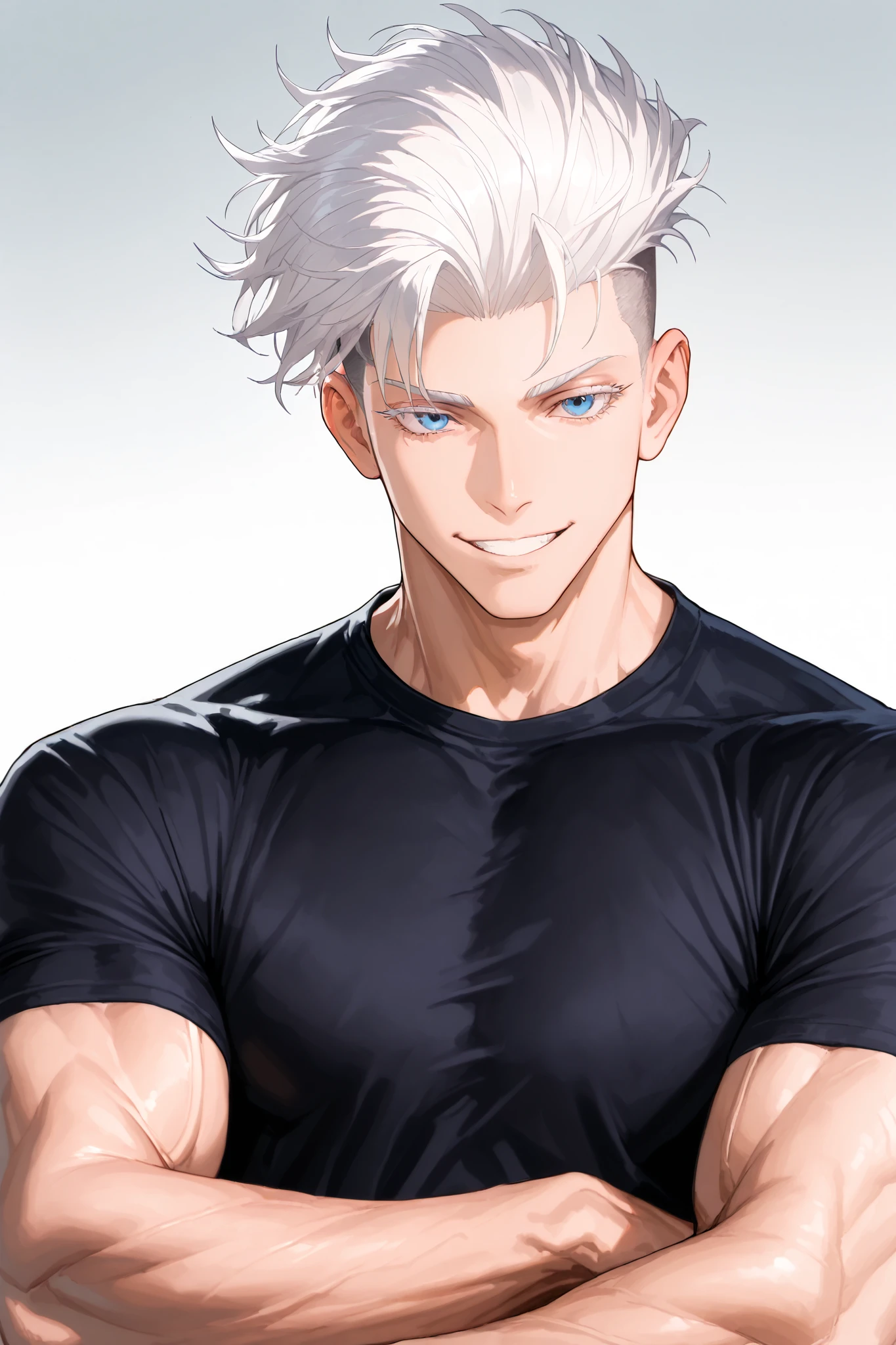 masterpiece, male, adult, man, handsome, beautiful, masculine, white eyelashes, good-looking, messy white hair, undercut, bright blue eyes athletic, tall, arms, muscles, black clothing, grin, cool pose, high quality, highly detailed, symmetrical, 8k
