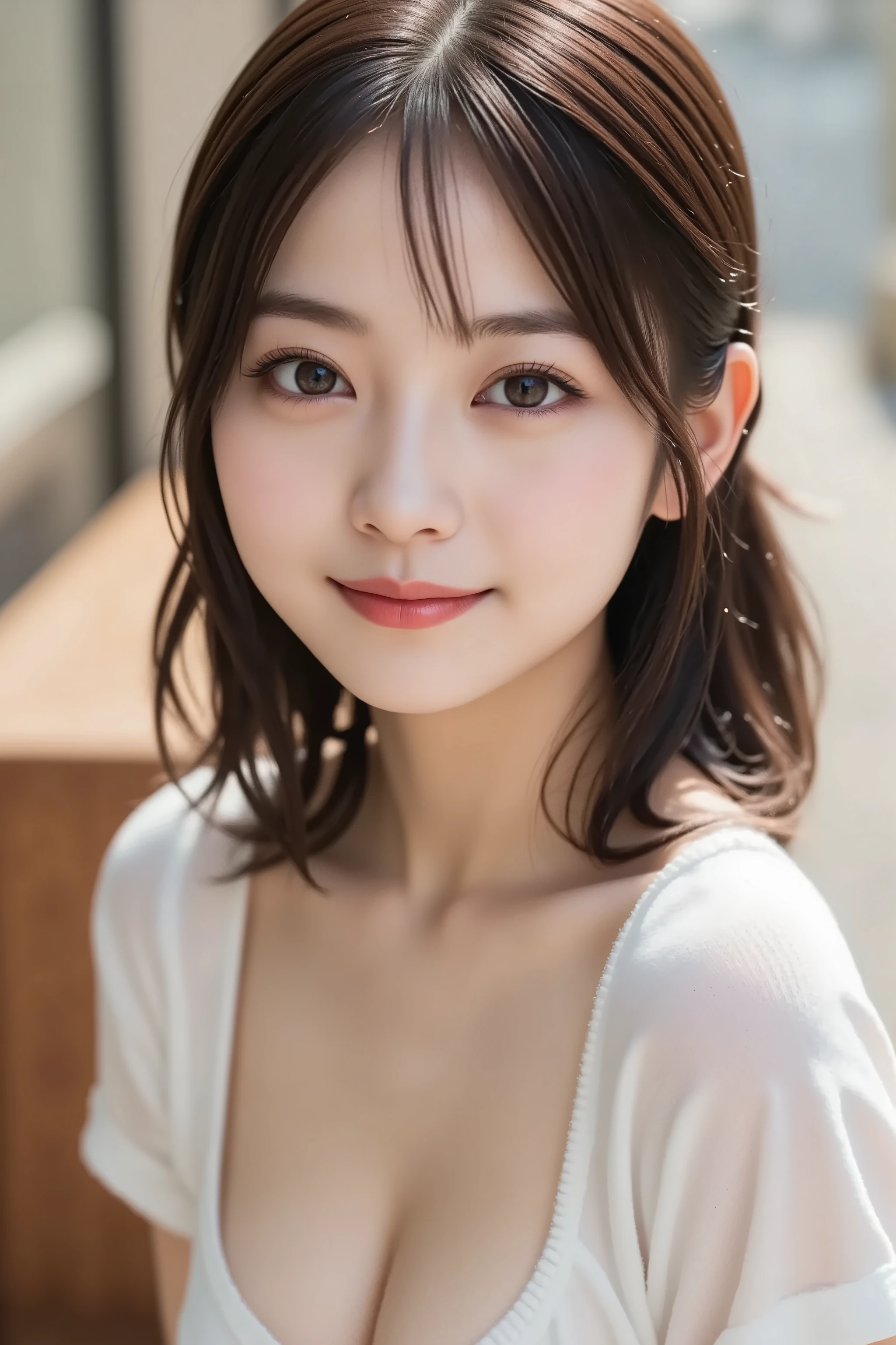 (masterpiece:1.3)、14 years old、Shapely small breasts、slender、Slim body、Very fine finish、(High resolution、8k:1.3)、highest quality、Beautiful Hands、Beautiful Hands指、(Ultra-realistic as a photo:1.3), Ultra High Resolution Face、The face is in focus、Ultra high definition and beautiful eyes、(Concentrated eyes:1.3)、(Eyes are symmetrical:1.3)、High quality and beautiful skin、Firm Skin、Natural Makeup、Gloss lips, Ultra HD Hair Texture、Japanese women、high school girl、(超High resolution)),8K,14 years old、Small breasts、Flat Chest、Small breasts, , Very short hairstyle, Blue mini skirt, Red tie、Navy blue Y-shirt、Idol Sculpture, Wet, smile、Pink wall、sexy、slender、Well-shaped small breasts、I can see your thighs,Nogizaka Idol、smile、cute、