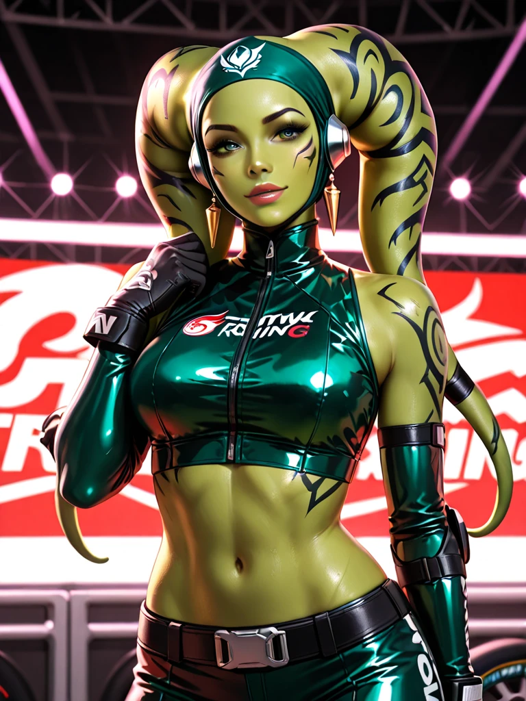 Full-body illustration of Tinker Bell in a rebellious pin-up style. She sports tattoos and a daring outfit. With a challenging gaze, she defiantly points to the right with her index finger, art by Tron_Flynn