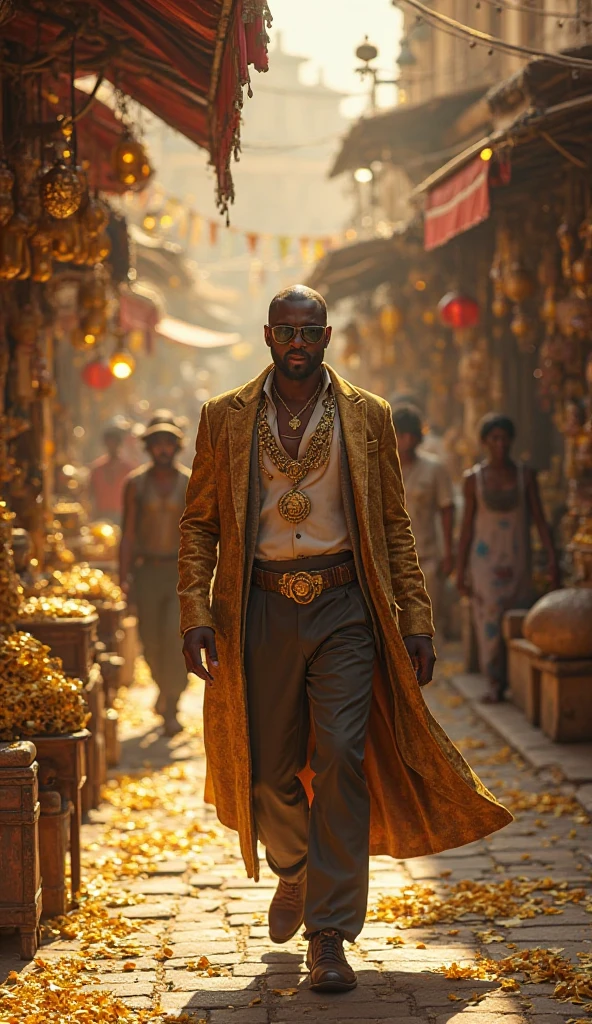 burner boy, cinematic portrait photo of a very interesting idris elba, Wearing the saffron robes of a monk, Saffron clothes, Rudraksha beads, oblong water pot in hand (Kamandal), rudraksha in hand, walking in street of Banaras, eyes close up, highly detailed vfx portrait, taken with a full frame camera with a wild lens,