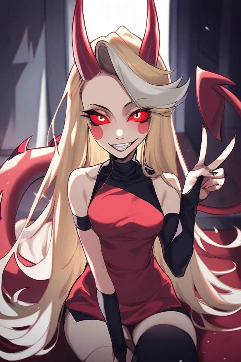 (Official Art: 1.2, Full Body Close-up of Characters: 1.3), A Demon Girl with Horns, Showing Fangs and Smiling, Wearing a Black Dress, Very Detailed Description, (Black Wings + Feathers: 1.1), Proud Action, Perfect Figure, HD Detailed, Dark Theme, Shimmering Silhouette.