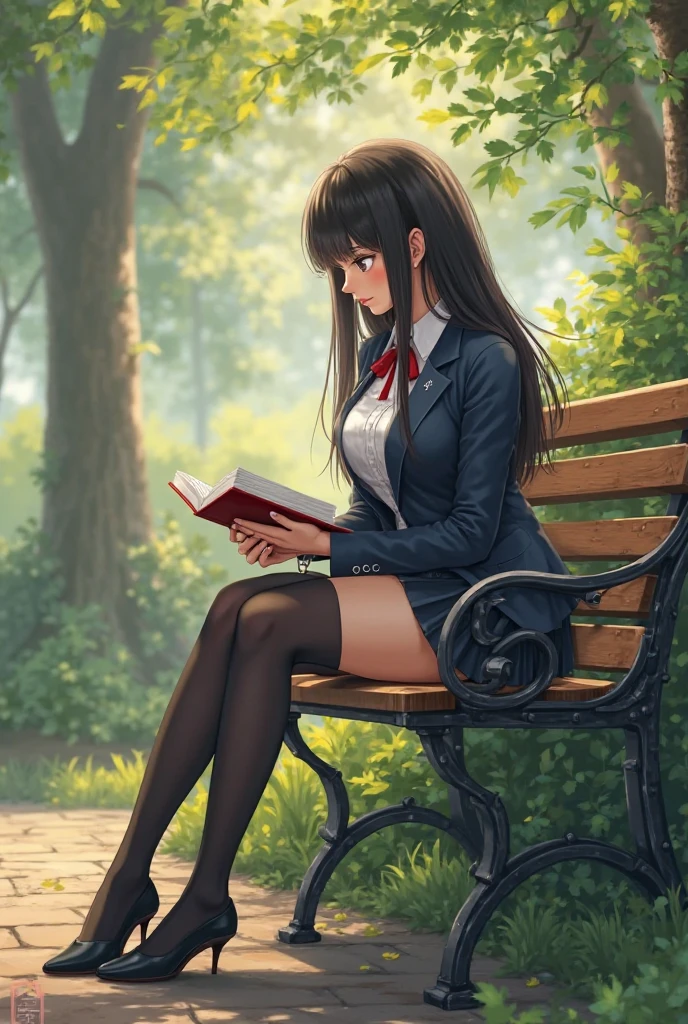 1girl，((Smooth black hair in a ponytail blowing in the wind，Clear black eyes))，((masterpiece，Very realistic，A detailed anime wallpaper:1.4))，((Perfect Anatomy:1.2))，Cute symmetrical face，CG Unity 8k，((Black long-sleeved sailor suit，black pleated mini skirt，Intellectual glasses，Black thigh-high socks))，8K quality，Extremely sophisticated digital art，((He is sitting on a bench with his legs apart and reading a book.:1.55))，A perfect, cute, and excellent girl，Looking at the camera with a gentle smile，A soothing smile，Very large breasts，Extremely detailed hair and face，Artistic pastel art，((A tree-lined road at dusk with autumn leaves fluttering beautifully:1.1))，((Stand on a bench with your knees raised and your legs apart:1.54))，Professional Lighting，Supermodel，((Red lace sexy panties:1.29))