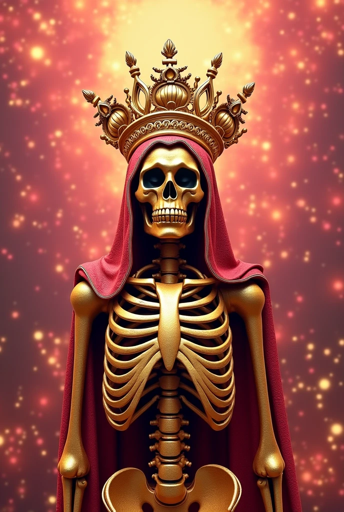 A skeleton with eyes of fire, wearing a red cape resembling that of a king, also wearing a crown with red rubies, and wearing green boots