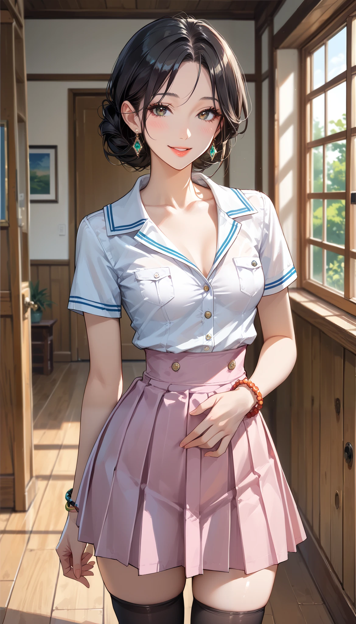 score_9, score_8_up, score_7_up, source_anime,masterpiece,best quality,beautiful detailed eyes, beautifully detailed lips, extremely detailed eyes and face, long breasts, 1 female, 45 years old ,mature woman,smile , school uniform,Hide and take off your clothes,firm breasts, ( very small breasts:1.5), , thin waist, Stylish Body, room,Ecstatic Expression, blush, in a wooden house, black hair,Red inner hair ,BLACK KNEE SOCKS, mallet hairstyle ,bracelet