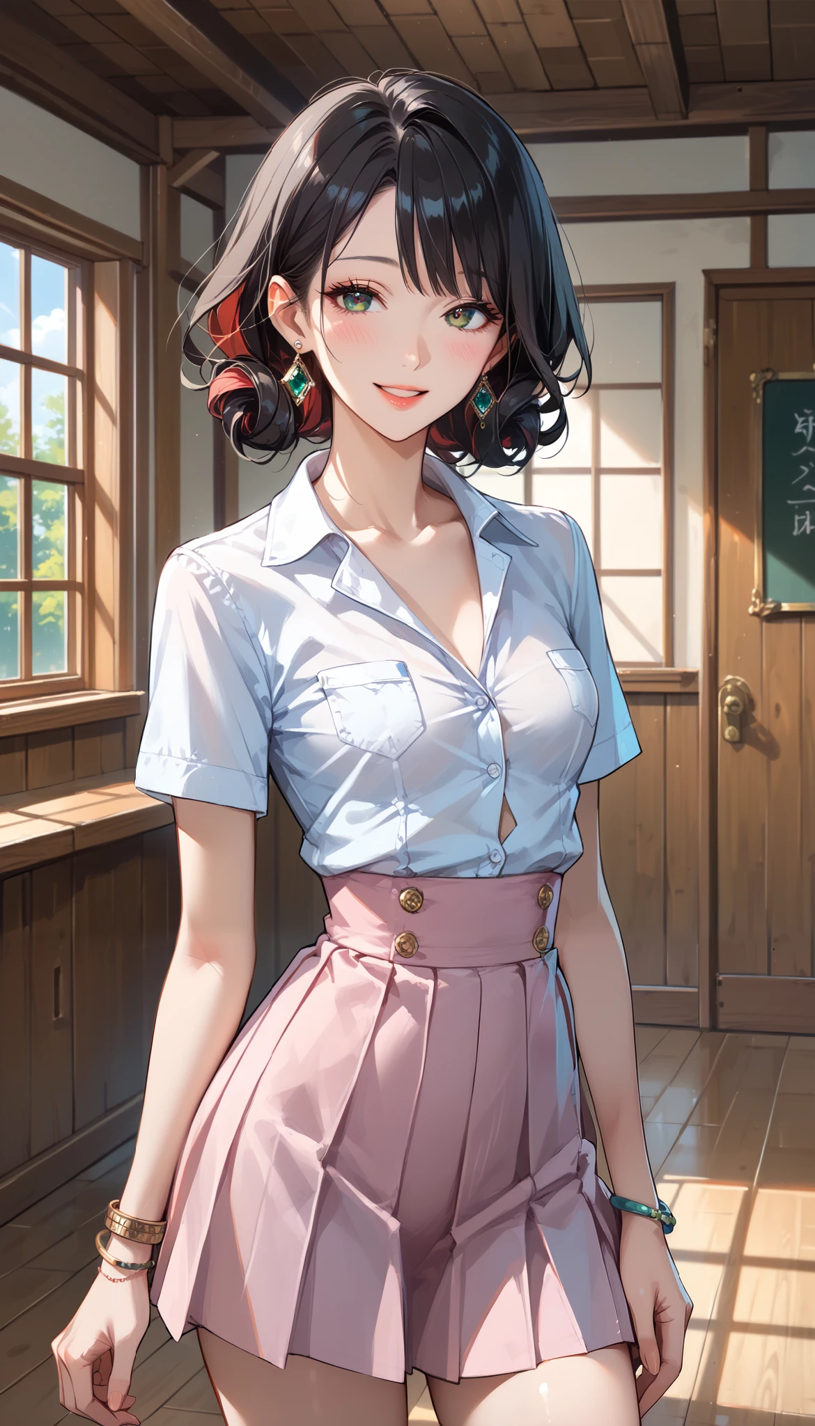 score_9, score_8_up, score_7_up, source_anime,masterpiece,best quality,beautiful detailed eyes, beautifully detailed lips, extremely detailed eyes and face, long breasts, 1 female, 45 years old ,mature woman,smile , school uniform,Hide and take off your clothes,firm breasts, ( very small breasts:1.5), , thin waist, Stylish Body, room,Ecstatic Expression, blush, in a wooden house, black hair,Red inner hair ,BLACK KNEE SOCKS, mallet hairstyle ,bracelet
