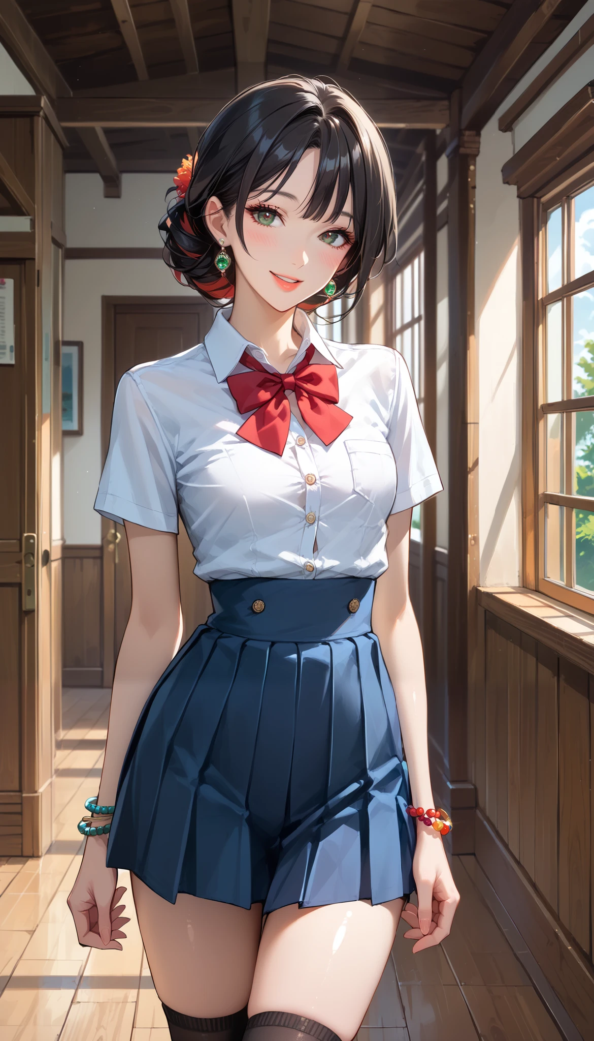 score_9, score_8_up, score_7_up, source_anime,masterpiece,best quality,beautiful detailed eyes, beautifully detailed lips, extremely detailed eyes and face, long breasts, 1 female, 45 years old ,mature woman,smile , school uniform,Hide and take off your clothes,firm breasts, ( very small breasts:1.5), , thin waist, Stylish Body, room,Ecstatic Expression, blush, in a wooden house, black hair,Red inner hair ,BLACK KNEE SOCKS, mallet hairstyle ,bracelet