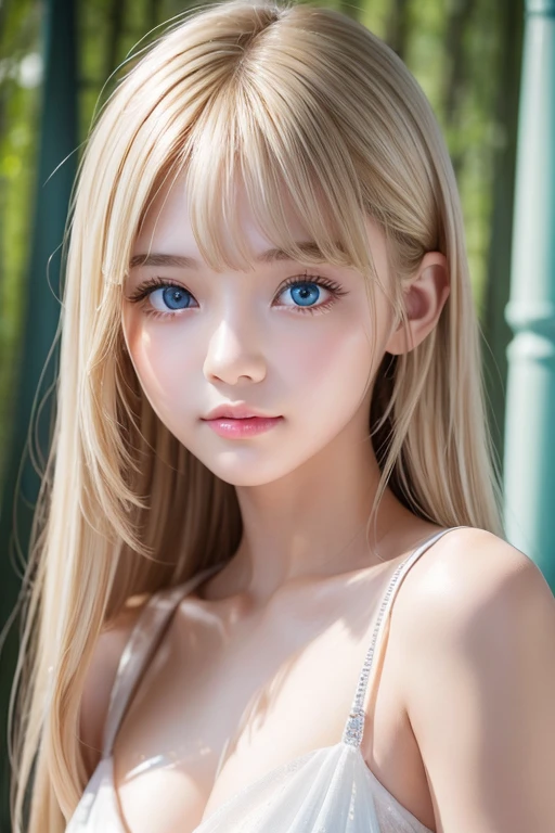 The pieces fly, Highest quality, figure, Very detailed, The finer details, High resolution, 8K Dende wallpaper, Perfect dynamic composition, Detailed and beautiful eyes, dress, Super long platinum blonde straight silky hair,Bangs that flow between the eyes、 Hair above the eyes on the chest, Natural color lip, Random sexy poses,A shy smile,Beautiful 15 year old girl,Cute type、Her big, bright cream ice blue eyes shine beautifully.、Very big eyes、Cheek highlighter、Very white and beautiful skin、Glowing Skin、Small Face Girl、Round face