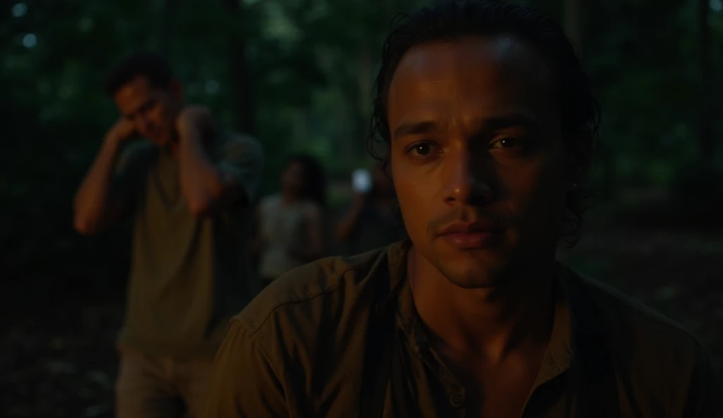 The Eyes Get Closer – No Escape
🎥 Scene: The survivors stumble backward. The glowing eyes move forward, slow and deliberate. Behind them, the jungle is too dense—nowhere to run.
📸 Shots & Angles:
Tight close-up—a survivor's face drenched in sweat, their breath shaky.
Tracking shot—the eyes getting bigger, slowly coming into the dim firelight.
Over-the-shoulder shot—one survivor whispers, but before he finishes, a massive shadow shifts behind him.