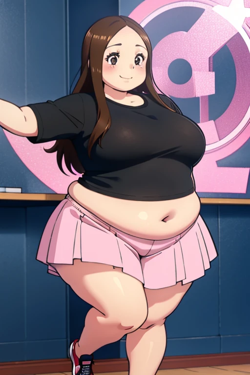 (masterpiece, best quality, highly detailed), 1girls, big belly, huge belly, art by kipteitei, round belly, chubby, curvy, belly grab, enormous belly, fat belly, thicc, bigger belly, really big belly, jiggly belly, glasses, unzipped jacket, (no shirt), bra, thight shorts, high heels, smug face ((full body)), long hair, dominant, giantess