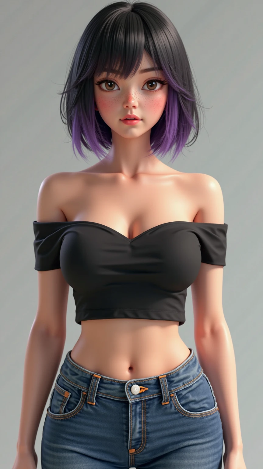 pink hair, bobcut, cleavage, tank top, jeans, full body shot, blank background, black background,