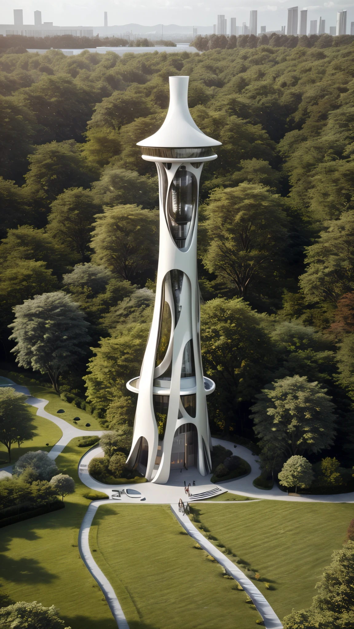 Tower design , inspired by shapeofspace needle, flawless, realistic, realistic, people around the building, walkways, lawn