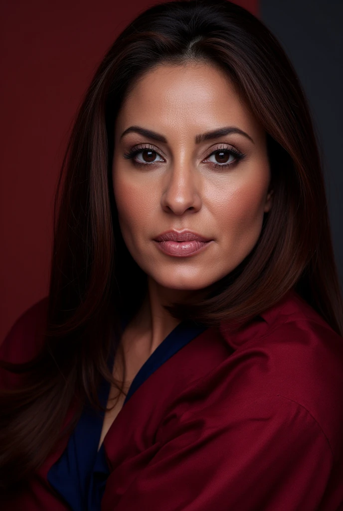 ((RAW Photo, 32k Ultra HD, HDR 10+ studio Photograph, )) (masterpiece:1.5) (best quality:1.5),  [Alluring, Elegant, Charming, Gorgeous, Lovely, Magnificent, Stunning,  blushing, seductive ,teasing ], 
A portrait image of a middle-age Iranian 1woman [(suhasini mulay:0.9)], (mature, 48 years old:1.5), Slightly chubby face and curvy body.
A glow on her face, brown eyes. Muscular fit healthy body, smart, intelligent looking, very graceful face, (seductive expressions). [(Face framing hair:1.2)(Long dark brown voluminous hair:1.3)(face framing hair, modern and stylish hair)], blushing cheeks,  Soft fluffy cheeks, fluffy big perfect eyes, soft creased skin, crow’s feet, puffiness around her eyes, gaze in her eyes, detailed skin with fine lines and deeper wrinkles, ((pale skin, fair glowing shiny skin:0.9)), sagging cheeks, seductive pose, serene expression. Soft lighting highlights delicate features and face details. 
full in detail makeup. [(long hair cascading over both shoulders and front chest and blushing ) (Her hair cascades effortlessly, exuding elegance and sophistication. )], She has flawless, full lips, slightly parted in a teasing, playful expression, enhancing her alluring charm. The combination of her graceful features, youthful vibrancy, and confident aura creates a captivating, irresistible presence."
ISO 300, 1/250s, F/2.8, 85mm, Very High-Quality RAW Photography, 8k, Sharp Focus, High Resolution, 8k UHD, DSLR, High Quality, Film Grain, Fujifilm XT3, very very extremely absurdly fantastic, insanely detailed, atmospheric, intricate sharp details, photorealistic, photoreal, elegant, intricate, hyper maximalist, depth of field. (intricate, photorealistic, low angle, cinematic-shot, masterpiece, ultra-detailed, rich vibrant color, deep colors, dark red, blue and Purple vibrant HD background).