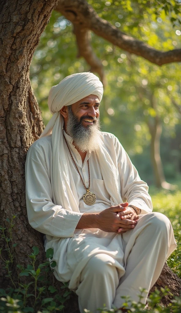 A Muslim scholar dressed in a white punjabi and turban, giving advice ...