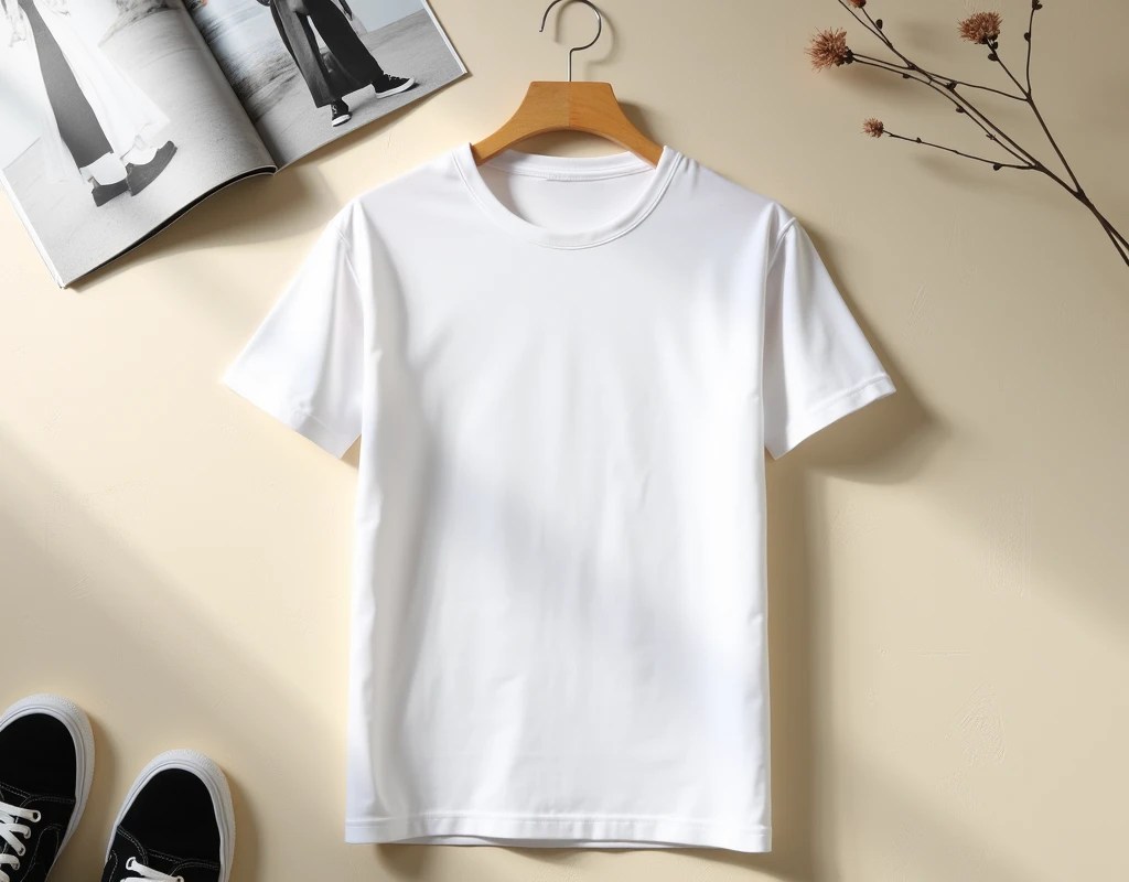 a white t - shirt hanging on a clothes rack next to a plant, white trendy clothes, white t-shirt, white t - shirt, plain white tshirt, white tshirt, gucci clothes, smooth white tight clothes suit, t - shirt, t-shirt, 2021, 2 0 2 1, casual white garment, high quality 3d realistic